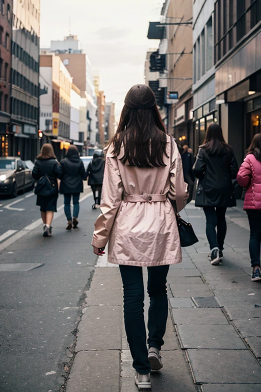 A girl walking alone on the street, facing away, Expressionless, in public, city, people coming and going, 8k, photography, detailed street view, vibrant colors, natural lighting