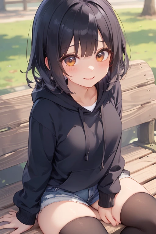 (best image quality, 4k, high quality, masterpiece::1.2), ((masterpiece)), high detail, high quality, best image quality, ((high quality)), cute, , low length, medium breasts, Bokeh, degrees of freedom, portrait, (cute illustration:1.2), High resolution, Super detailed, 最high quality,Anime girl posing for photo, seductive anime girl,anime moe art style,Best Anime 4K Kona-chan Wallpaper,Anime drawn by Shitao,18-year-old,(black knee high socks:1.3), (black short hair, fluffy perm:1.3),smile,(black hoodie,shorts),sitting on the bench,(in the park),(bird’s eye view:1.2)