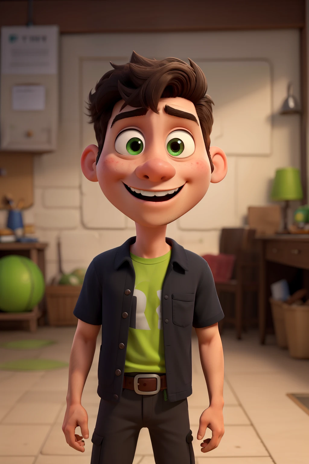 crie um personagem 3d pixar de um jovem de 25 anos, moreno, barba feita, cabelo curto, olhos pretos, cabelo preto, sorrindo, de corpo inteiro, alto e magrelo, now he wears a black shirt with lime green details. 8k