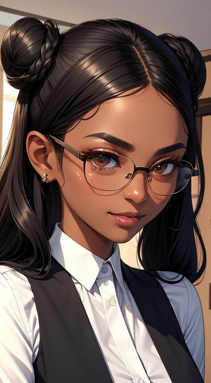 (masterpiece, best quality), intricate details, thin, ((slim)), cute girl, black long hair,curly hair, black african skin tone, dark skin tone, dark brows eyes, sharp jawline, white shirt, brown vest, upper body, close up, smirk, glasses, two space bun hairstyle, plump lips.