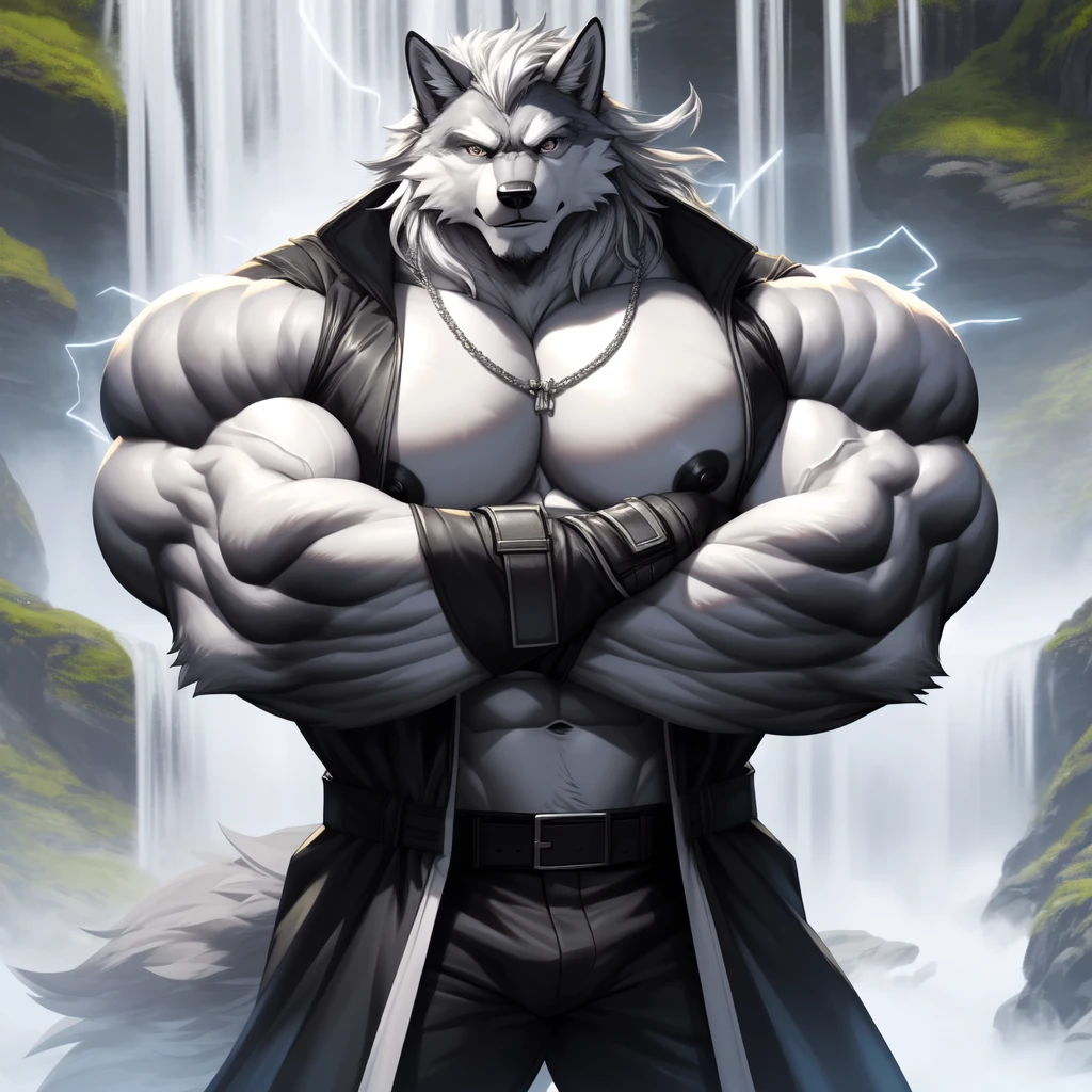 (upload on e621) (Masterpiece) (by Drks) (best quality) (ultra high res) 4K (8k HD) 2D (perfect anatomy) (digital art) (official art) (extreme detailed) (ultra detailed) (strapsanime) color (soft shading) (sharp focus) (waterfall background) 1man silver body fur silver belly detailed fluffy fur (ultra detailed face) detailed eyes detailed iris eyes detailed silver eyes (white sclera) black pupils big navel abs bare pectoral (((huge black shiny nipples))) black claw nails furry wolf male mature male silver giant bulky muscular body fur giant size canid (((huge muscles))) (((hyper muscles))) huge pecs (((oversize pecs))) huge biceps (((giant biceps))) (((fullbody))) canine canis mammal powerful wolf god wolf male calm cool collected demeanor face badass wolf anthro solo standing (((wearing silver full complete sleeveless long trench coat jacket))) (((silver longest length hair))) (((silver longest length back fur hair))) (((silver longest length hair fur front lay on pecs))) (((perfect fingers))) (((five fingers))) dark black hands and fingers (((wearing silver fingerless gloves))) (((silver arm bands on his biceps))), (((three silver arm bands on his forearms))) (((dark black huge bead necklaces))) (((dark black huge longer bead necklaces around neck to pecs))) (((silver long wolf tail))) (((black long pants with silver lines with belt straps on both legs))) (((silver electricity and wind aura flow entire body))) (((crossed arm pose)))