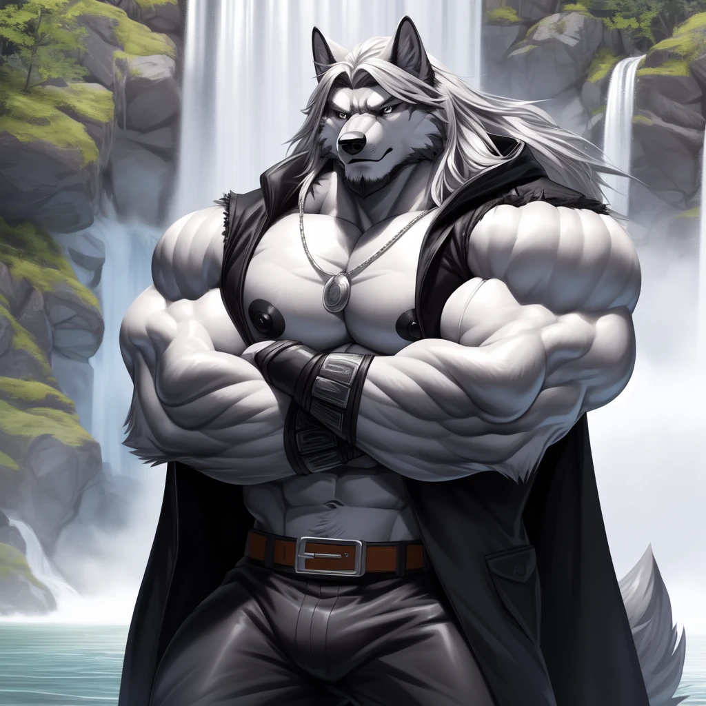 (upload on e621) (Masterpiece) (by Drks) (best quality) (ultra high res) 4K (8k HD) 2D (perfect anatomy) (digital art) (official art) (extreme detailed) (ultra detailed) (strapsanime) color (soft shading) (sharp focus) (waterfall background) 1man silver body fur silver belly detailed fluffy fur (ultra detailed face) detailed eyes detailed iris eyes detailed silver eyes (white sclera) black pupils big navel abs bare pectoral (((huge black shiny nipples))) black claw nails furry wolf male mature male silver giant bulky muscular body fur giant size canid (((huge muscles))) (((hyper muscles))) huge pecs (((oversize pecs))) huge biceps (((giant biceps))) (((fullbody))) canine canis mammal powerful wolf god wolf male calm cool collected demeanor face badass wolf anthro solo standing (((wearing silver full complete sleeveless long trench coat jacket))) (((silver longest length hair))) (((silver longest length back fur hair))) (((silver longest length hair fur front lay on pecs))) (((perfect fingers))) (((five fingers))) dark black hands and fingers (((wearing silver fingerless gloves))) (((silver arm bands on his biceps))), (((three silver arm bands on his forearms))) (((dark black huge bead necklaces))) (((dark black huge longer bead necklaces around neck to pecs))) (((silver long wolf tail))) (((black long pants with silver lines with belt straps on both legs))) (((silver electricity and wind aura flow entire body))) (((crossed arm pose)))