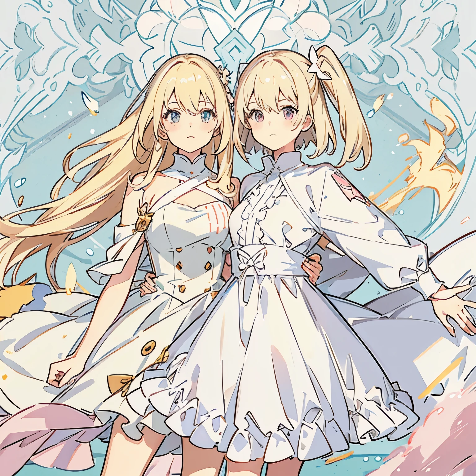 anime girl, with light blonde hair, light pink and white dress 