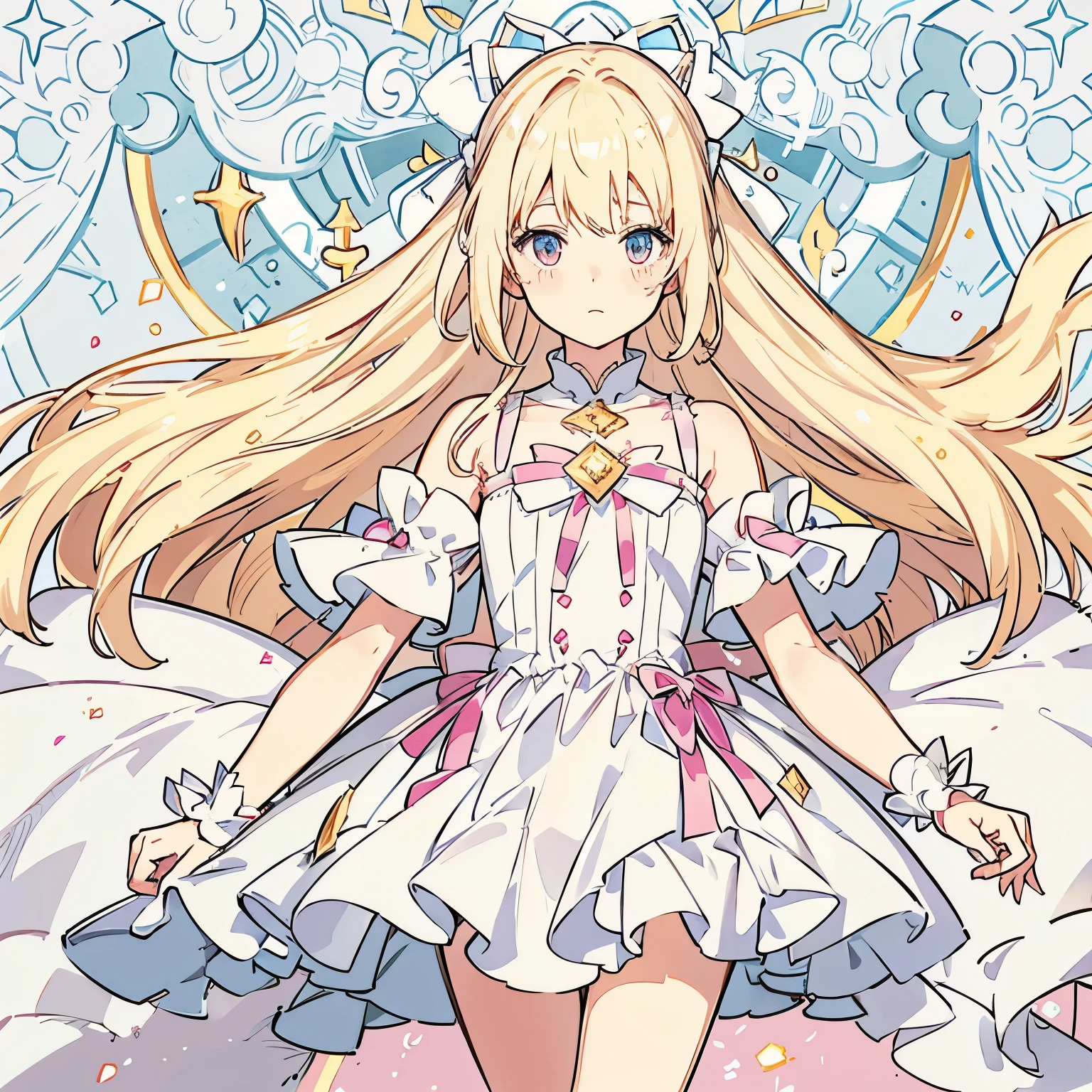 anime girl, with light blonde hair, light pink and white dress