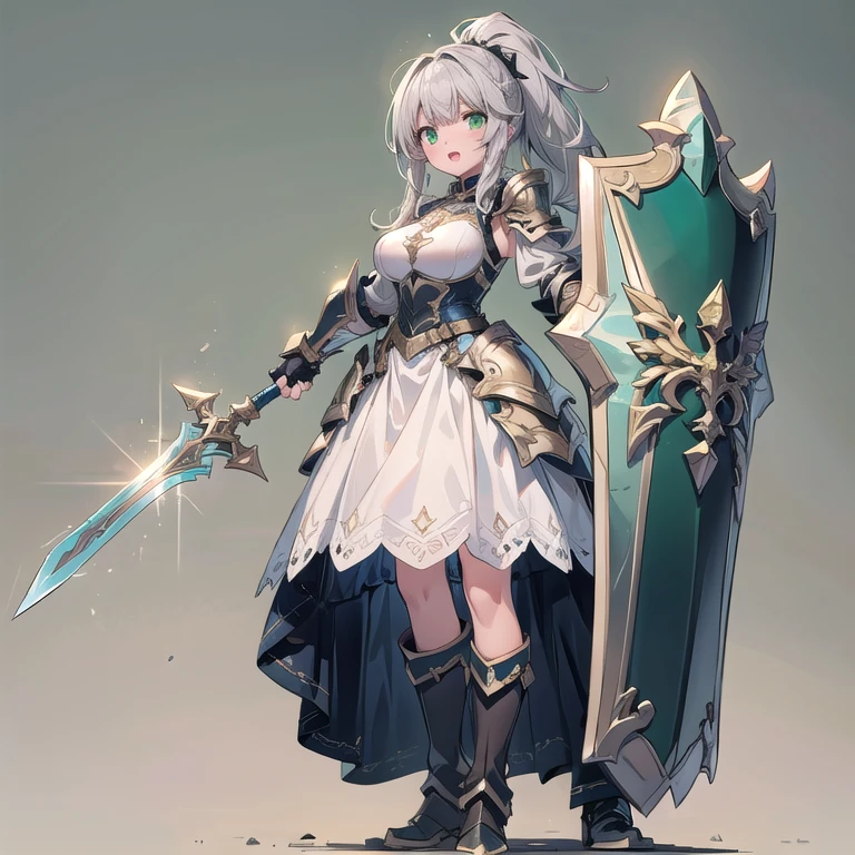 1girl, armor, weapon, sword, holding, solo, breastplate, holding-weapon, long-hair, ponytail, grey-hair, holding-sword, open-mouth, fingerless-gloves, shoulder-armor, full-body, gloves, dress, boots, standing, helmet, armored-boots, (((white-dress))), ((shield)), ((big breasts) 1:1), ((green-eyes))