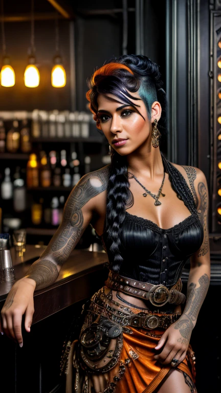 High resolution photo, ultra detailed body and face, European Indian mixed race 40 year old woman, cyberpunk hairstyle and the sides of the head shaved, main hair orange, side hair gold, clothing steampunk corsage made of etched leather with lace and many accessories and long steampunk mullet skirt made of etched Velvet with pointed and wide steampunk belt and steampunk women's boots, bright large gothic tattoos, full body pose casually standing at a bar counter looking into the camera, bar and bar counter in steampunk style, steampunk photo atmosphere at night