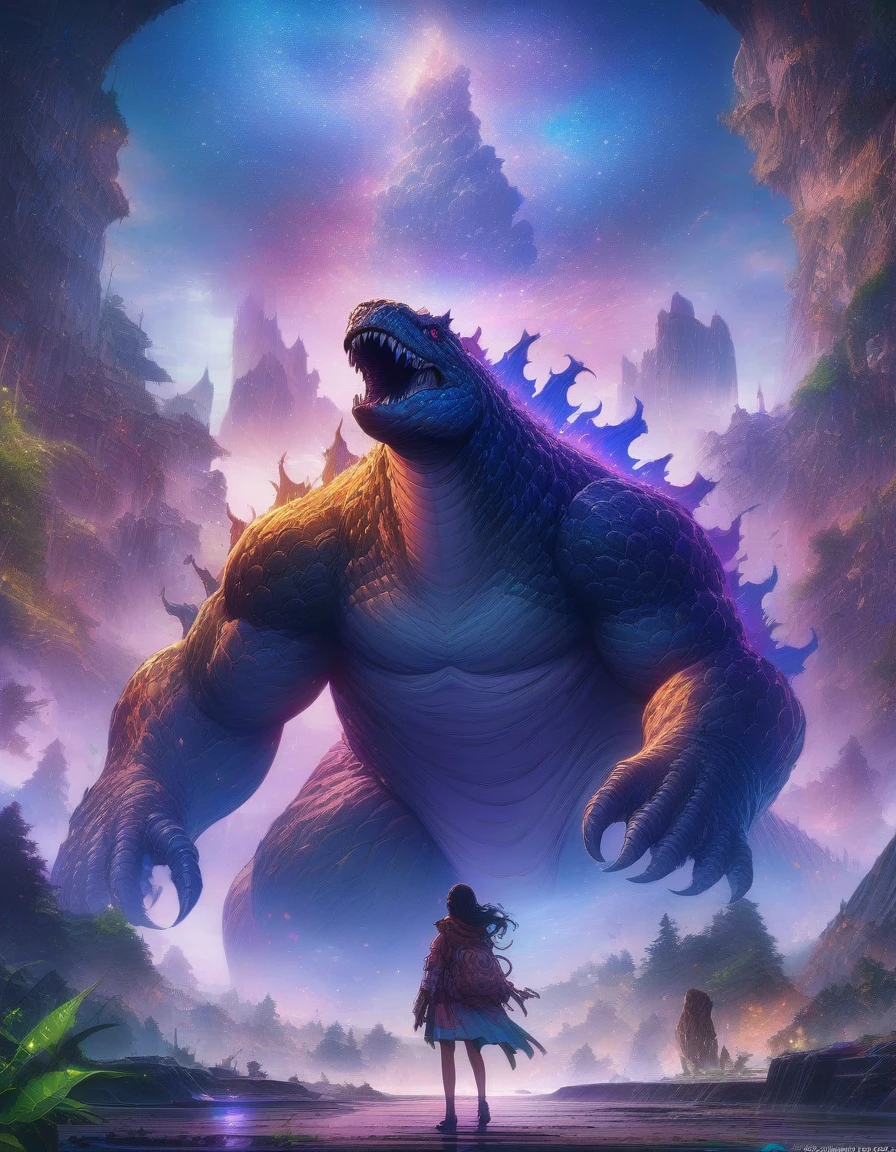 1girl, Godzilla, aesthetic, christzilla, epic scene, colors, holy, full body, galaxy, and, stars, atmosphere, unreal engine, pixar, video game, ethereal, insanely detailed, symmetrical, concept art, peter mohrbacher, charlie bowater, artstation, cinematic, video game, digital painting, (masterpiece), (best quality), (ultra-detailed), very aesthetic, illustration, disheveled hair, perfect composition, moist skin, intricate details, anime artwork, anime style, key visual, vibrant, studio anime, highly detailed