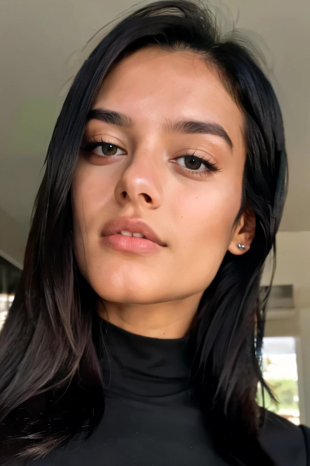Selfie in the office. Black hair. Pink lipstic. At 25 years old, her natural wavy locks cascade around her, complementing her enchanting brown eyes and flawless figure. The photograph, expertly captured with Canon's 85mm lens and 4K resolution, reveals intricate details without distortion. Kodak color vision enhances the atmospheric depth, while post-processing refines the image for an ultra-realistic allure. Captured in medium format with a focus on atmospheric foreground and subdued lighting, the result is a high-quality photographic masterpiece. Boasting maximum detail and a film grain effect, it offers an immersive 8K UHD experience.
