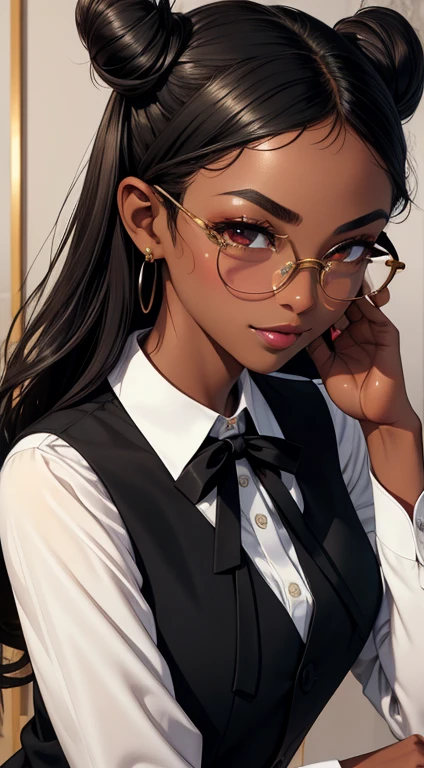 (masterpiece, best quality), intricate details, thin, ((slim)), cute girl, black long hair,curly hair, black african,  really dark skin tone, dark brows eyes, sharp jawline, white shirt, brown vest, upper body, close up, smirk, glasses, two space bun hairstyle, plump lips.