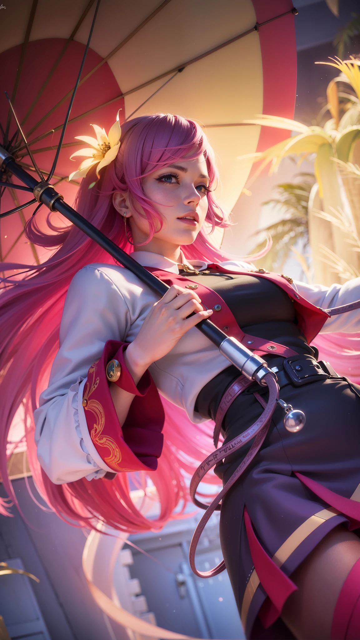 girl with pink hair holding a umbrella, red lips glossy, 8k, ultra hd, ultra detailed texture, hyper realistic, masterpiece, detailed texture, detailed face, detailed skin, detailed lighting, (photorealistic:1.5), best quality, beautiful lighting, cinematic lighting, professional lighting, ultra highres, realistic, detailed hair, real hair, high quality, (realskin:1.5), extremely detailed, finely detail, ultra-detailed