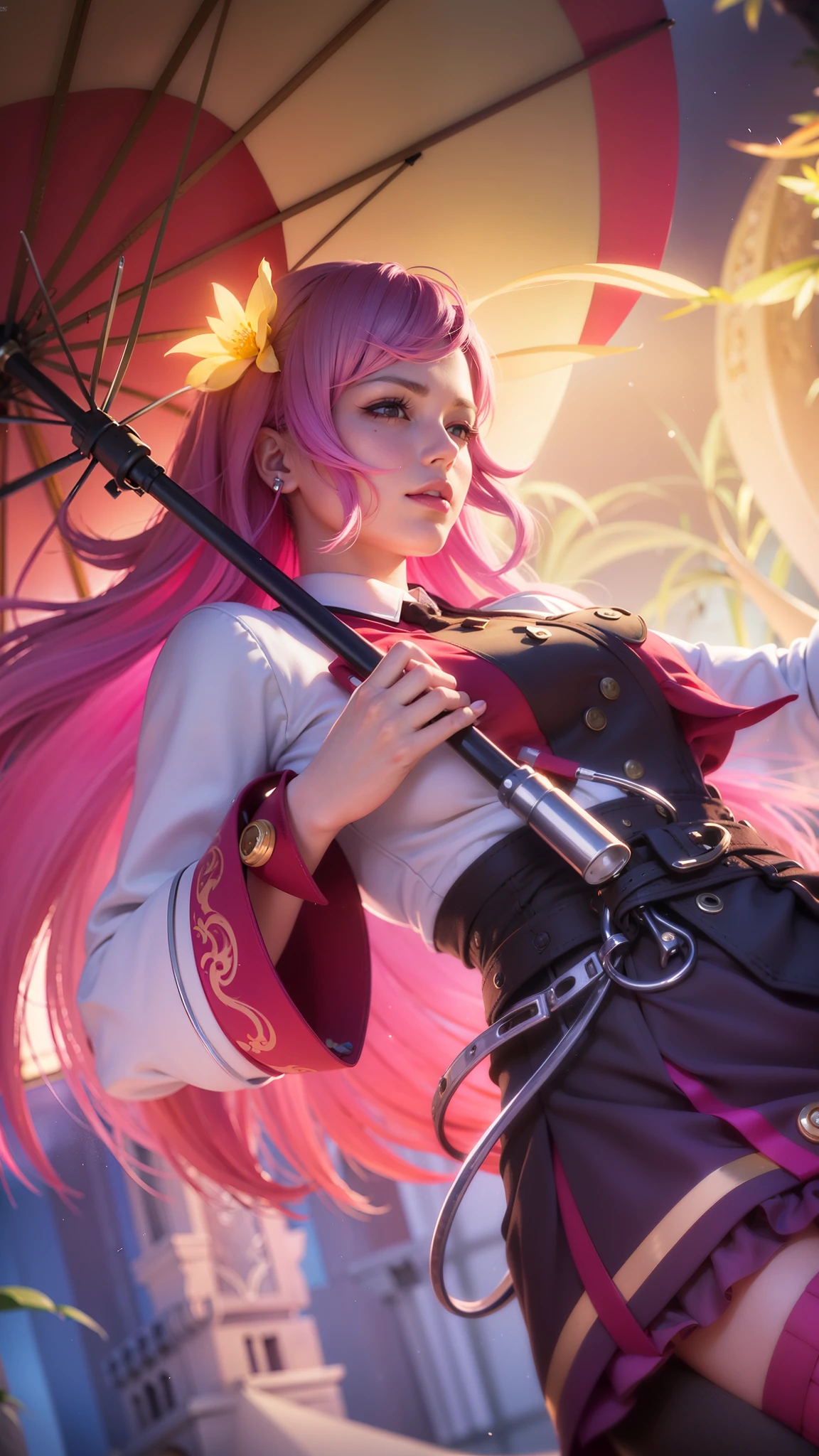 girl with pink hair holding a umbrella, red lips glossy, 8k, ultra hd, ultra detailed texture, hyper realistic, masterpiece, detailed texture, detailed face, detailed skin, detailed lighting, (photorealistic:1.5), best quality, beautiful lighting, cinematic lighting, professional lighting, ultra highres, realistic, detailed hair, real hair, high quality, (realskin:1.5), extremely detailed, finely detail, ultra-detailed