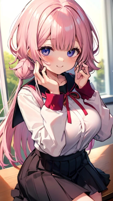 smug face、fall back on your feet、order、or face、look down、Highlights on the overlooking eyes、、breast enhancement、cute、cuteness、light in the eyeing school、classroom