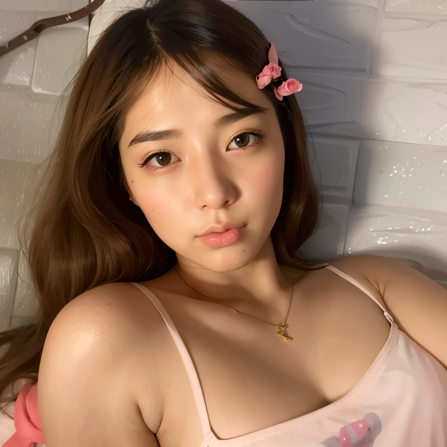 hay una mujer con un lazo rosa en el pelo, 8k selfie photography, chiho, sakimichan, 🤤 girl portrait, Young cute pale asian face, hermosa joven coreana, con cara linda - fina, chica joven y linda, chica linda-cara-fina, Yoshitomo Nara, Lalisa Manobal