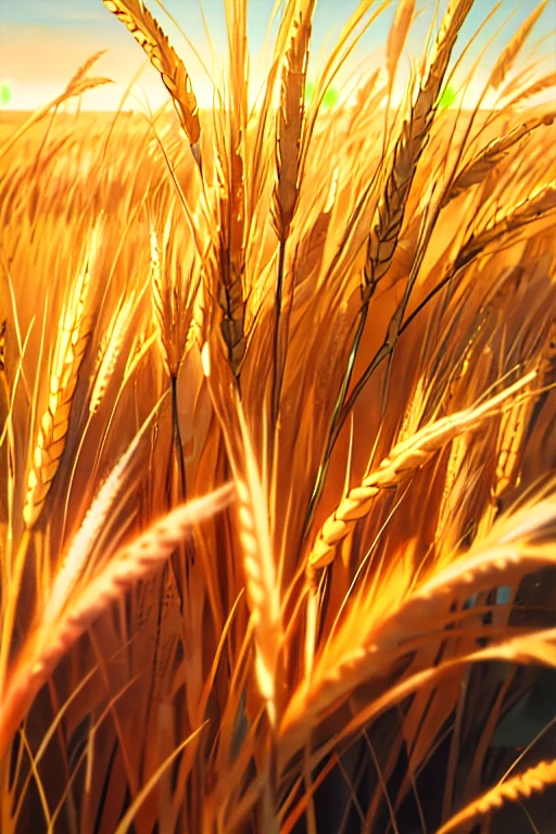 In the expansive wheat field, with no horizon in sight under the scorching sun, a realistic photograph emerges in 8K quality. The golden ripples of the wheat sway gently in the breeze, casting long, elegant shadows on the ground. The sun's intense glare bathes the scene in a warm, golden light, reflecting off the dew-kissed blades of grass. In this exquisite, vivid representation of nature, every detail is captured – from the intricacies of the wheat stalks to the subtle nuances of the sun-kissed earth. The absence of a horizon adds to the sense of infinite space, emphasizing the grandeur and beauty of the natural world in