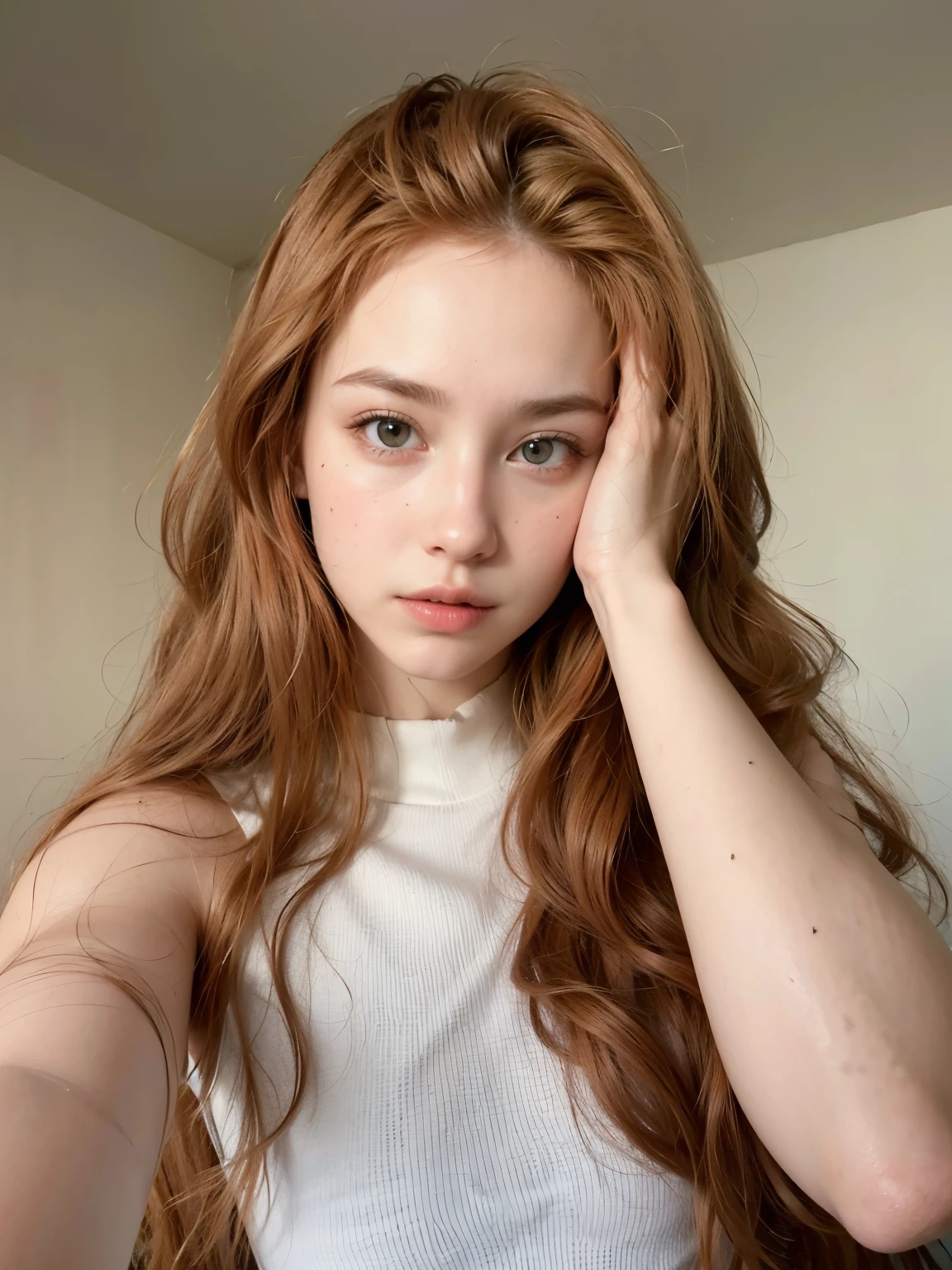 Mujer arafed con pelo largo rojo y un top blanco., hada ellie bamber, lavabo sadie, chica pelirroja, amoranto, natural soft pale skin, with pale skin, foto de perfil en la cabeza, ella es pelirroja, anna nikonova aka new milkmaid, ella tiene el cabello rojo, cabeza roja, ellie bamber, cute young chica pelirroja, pelirrojo, Con cabello rojo