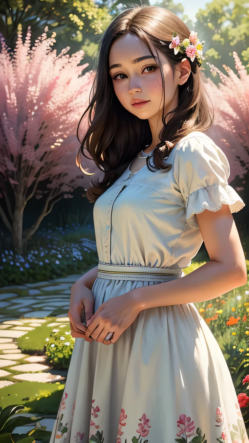 A girl in a floral garden, vibrant with colors, ((photorealistic)),((Hyper realistic)),((sharp focus)),(highest resolution),(the most absurd quality),(masterpiece) portrays a peaceful scene. This artwork, created with (oil paints:1.1), showcases the lush (greenery) and delicate (blooming flowers). The girl is wearing a (flowing dress) that compliments the lively surroundings. Her (beautiful detailed eyes, beautiful detailed lips, long eyelashes) exude a sense of (tranquility) and wonder. The garden is illuminated with (soft sunlight), casting gentle (sunlight) and (shadows) on the girl and the surrounding nature. The combination of (realistic, photorealistic:1.37) details, (sharp focus), and (bokeh) effect results in an (ultra-detailed) and captivating masterpiece. This artwork is evocative of the (impressionism) style, with a (colorful palette) that adds depth and richness to the scene, creating a sense of (serenity) and (joy). The (landscape) is harmoniously balanced, inviting the viewer to immerse themselves in the atmosphere of the garden, feeling the breeze and listening to the gentle rustling of leaves.