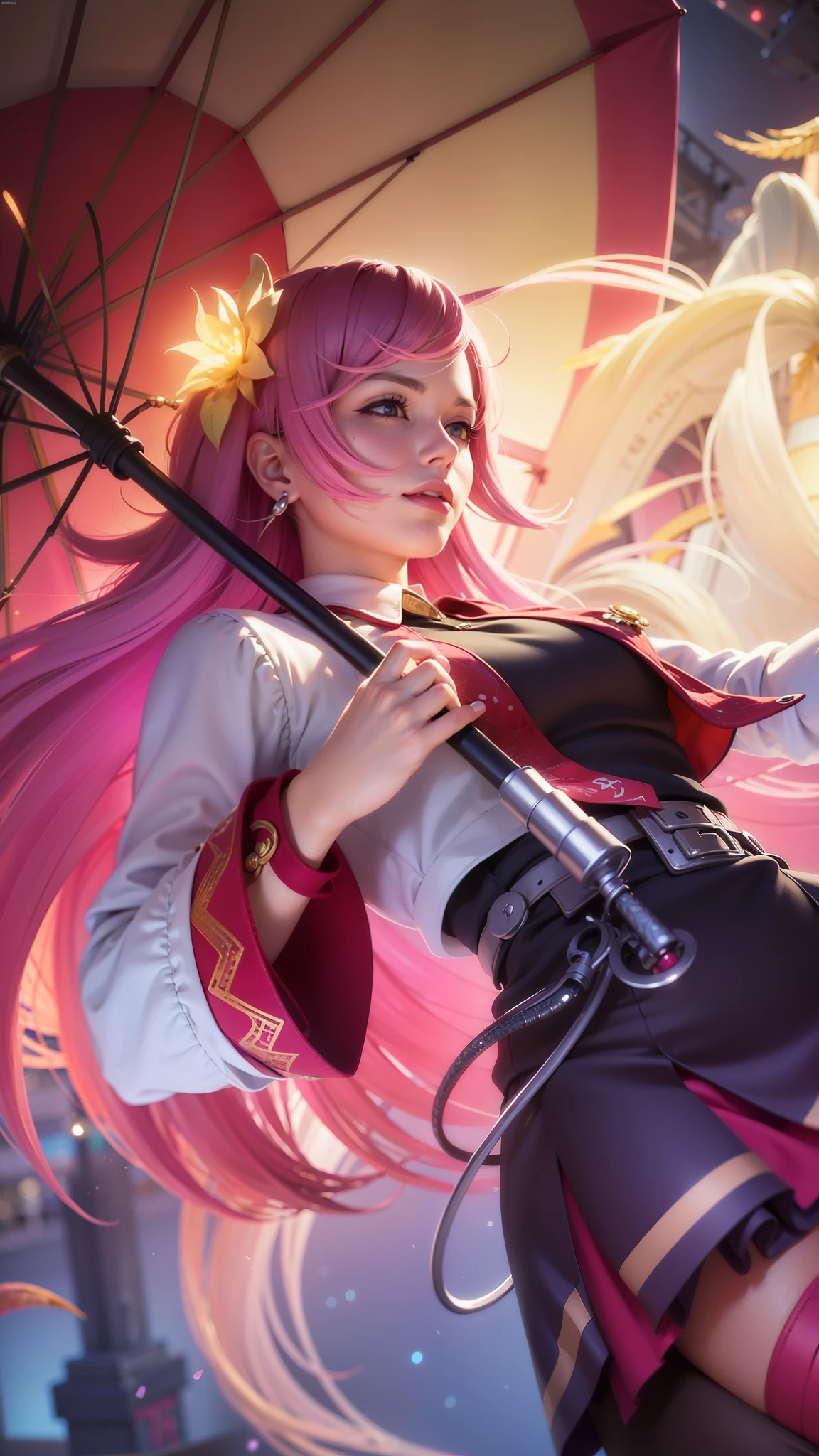 girl with pink hair holding a umbrella, red lips glossy, 8k, ultra hd, ultra detailed texture, hyper realistic, masterpiece, detailed texture, detailed face, detailed skin, detailed lighting, (photorealistic:1.5), best quality, beautiful lighting, cinematic lighting, professional lighting, ultra highres, realistic, detailed hair, real hair, high quality, (realskin:1.5), extremely detailed, finely detail, ultra-detailed, smile