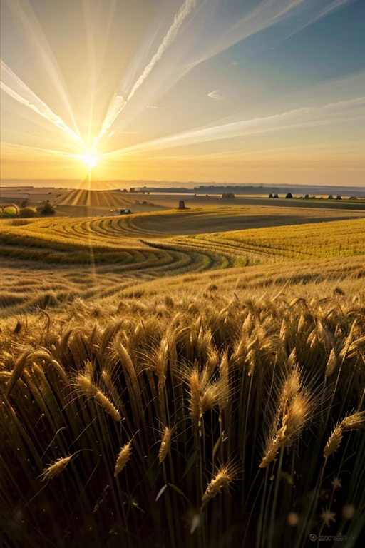 In the expansive wheat field, with no horizon in sight under the scorching sun, a realistic photograph emerges in 8K quality. The golden ripples of the wheat sway gently in the breeze, casting long, elegant shadows on the ground. The sun's intense glare bathes the scene in a warm, golden light, reflecting off the dew-kissed blades of grass. In this exquisite, vivid representation of nature, every detail is captured – from the intricacies of the wheat stalks to the subtle nuances of the sun-kissed earth. The absence of a horizon adds to the sense of infinite space, emphasizing the grandeur and beauty of the natural world in