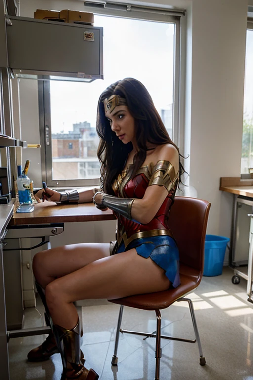 Wonder Woman, sitting in a chair, upskirt, she is in a laboratory, it is daytime