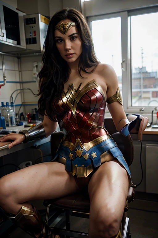 Wonder Woman, sitting in a chair, upskirt, she is in a laboratory, it is daytime