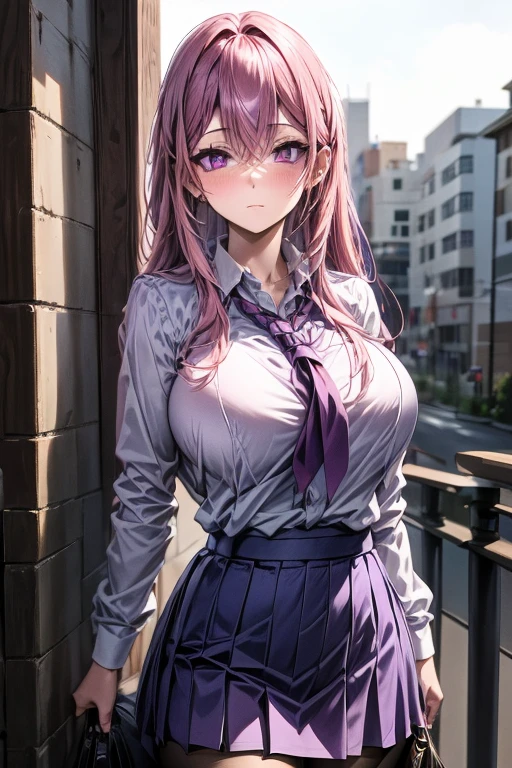 A pink haired woman with violet eyes in an hourglass figure is wearing a conservative student uniform is dropping her papers in the hall
