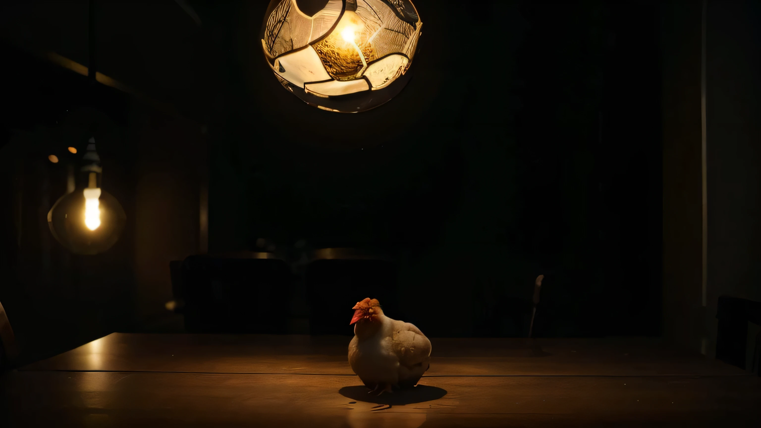 a chicken egg on the kitchen table, dark cinematicc scene lights