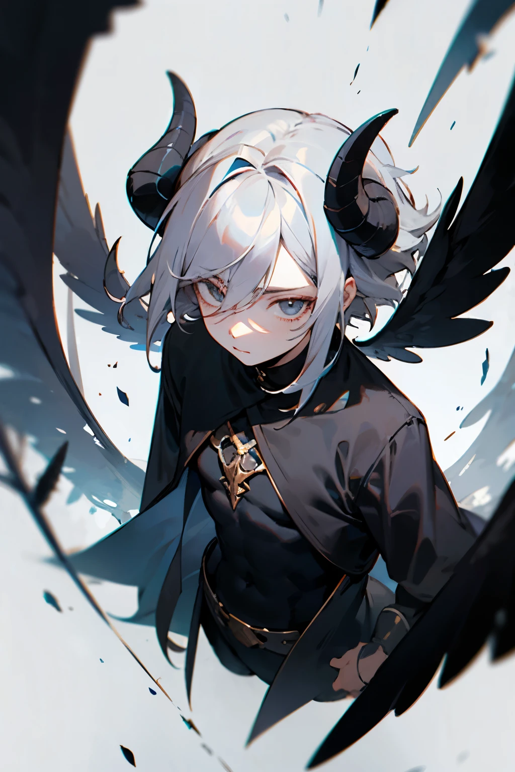 Hombre musculoso con pelo negro, black horns and small black wings with few dark circles.