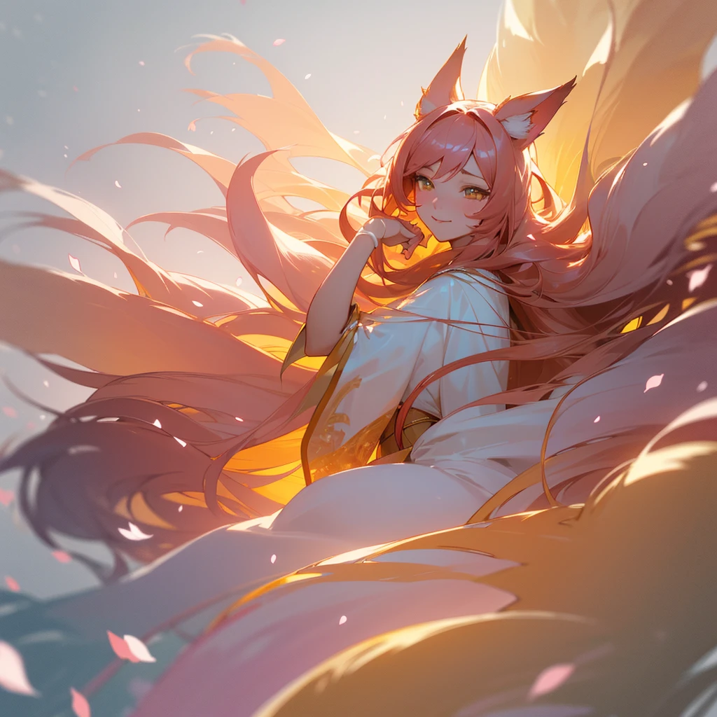 (best quality,ultra-detailed,realistic,portrait,anime,fantasy),(Ahri the Nine-Tailed Fox),(breathtakingly beautiful girl with sad expression),(graceful and elegant),(mesmerizing golden eyes),(long flowing hair with fox ears and nine fluffy tails),(Midnight Blossom skin),(delicate facial features and fair complexion),(flowing red and gold robes),(bright and ethereal magical aura),(floating cherry blossom petals),(subtle smile),(soft ambient lighting),(enchanted forest background),(harmonious color palette),(emotional depth and vulnerability),(black and white)