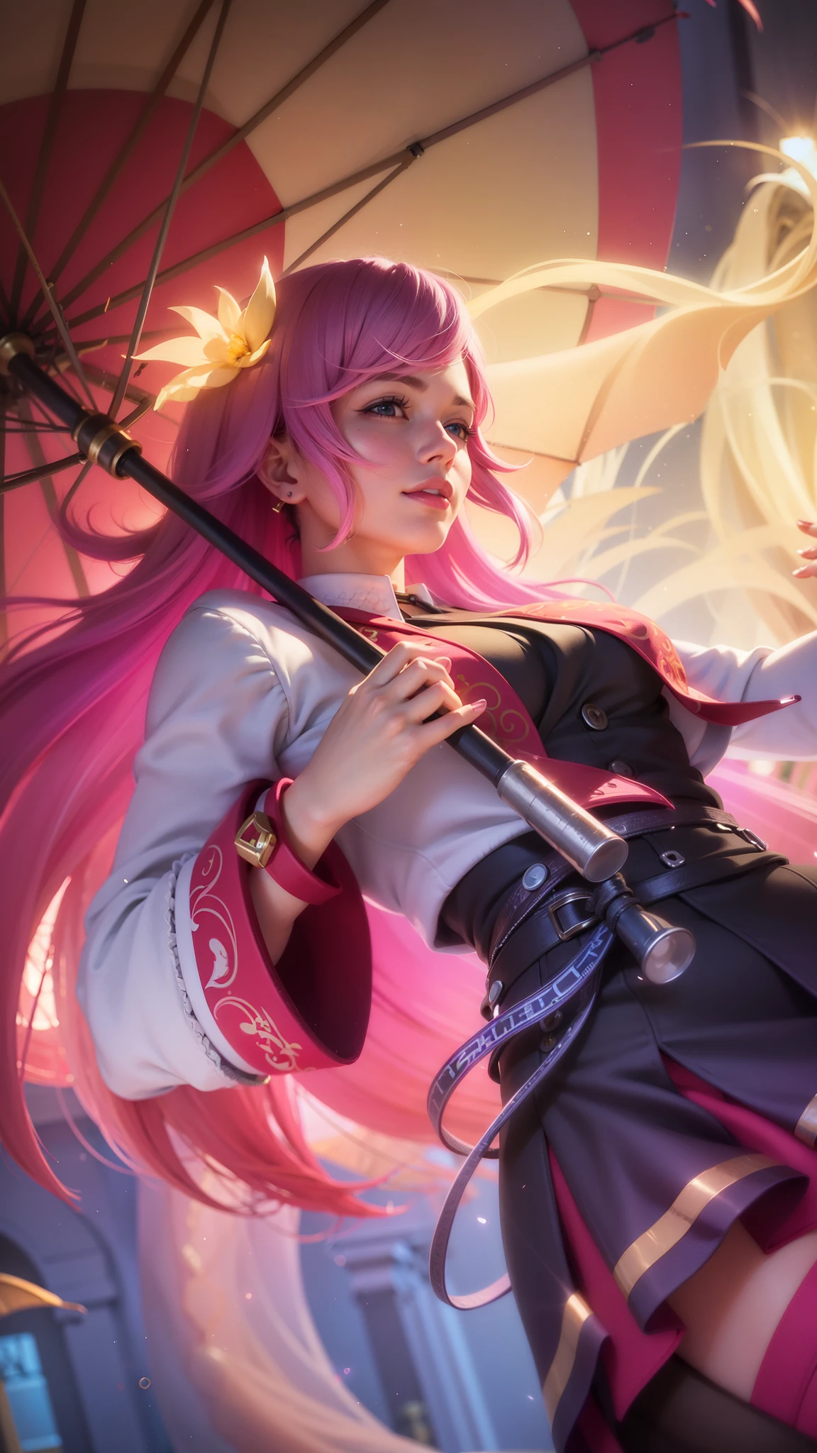 girl with pink hair holding a umbrella, red lips glossy, 8k, ultra hd, ultra detailed texture, hyper realistic, masterpiece, detailed texture, detailed face, detailed skin, detailed lighting, (photorealistic:1.5), best quality, beautiful lighting, cinematic lighting, professional lighting, ultra highres, realistic, detailed hair, real hair, high quality, (realskin:1.5), extremely detailed, finely detail, ultra-detailed, smile