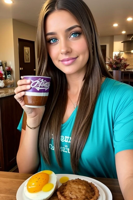 Una chica muy sexy, long light brown hair, ojos azul claro, ,muy sexy y realista , tiene hechas las trenzas .cuerpo completo ,muy realista ,esta haciendose un selfie con la mama y el papa ,estan con una copa de vino sentados en una mesa ,con huevos de pasqua kinder, se rie