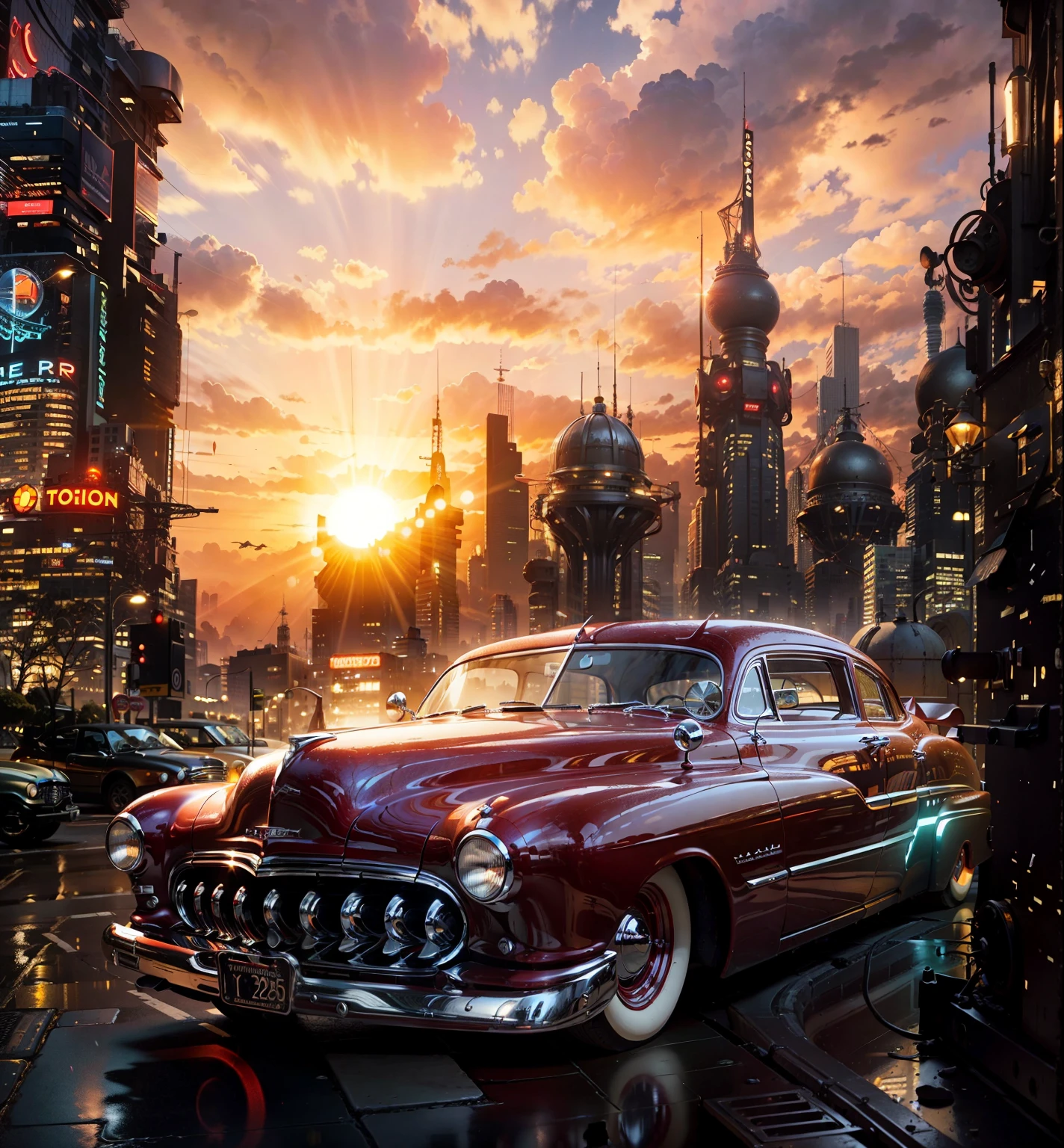 A Red brilliant Mercury 1949 sport car headlights on in the foreground, in the background is a sci fi city with a lot of buildings lights on and a giant sun shining in the car's body