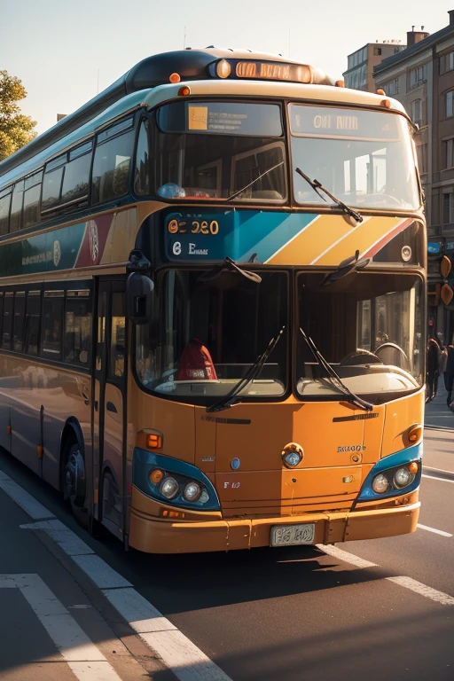 A grand, realistic bus emerges from the crowd, taking center stage during a long journey. Its vibrant colors and distinct features catch the eye, making it a standout among other vehicles on the road. With an impressive 8k resolution, every detail is clearly captured in the photograph, from the bus's shiny exterior to the intricate designs adorning its sides.