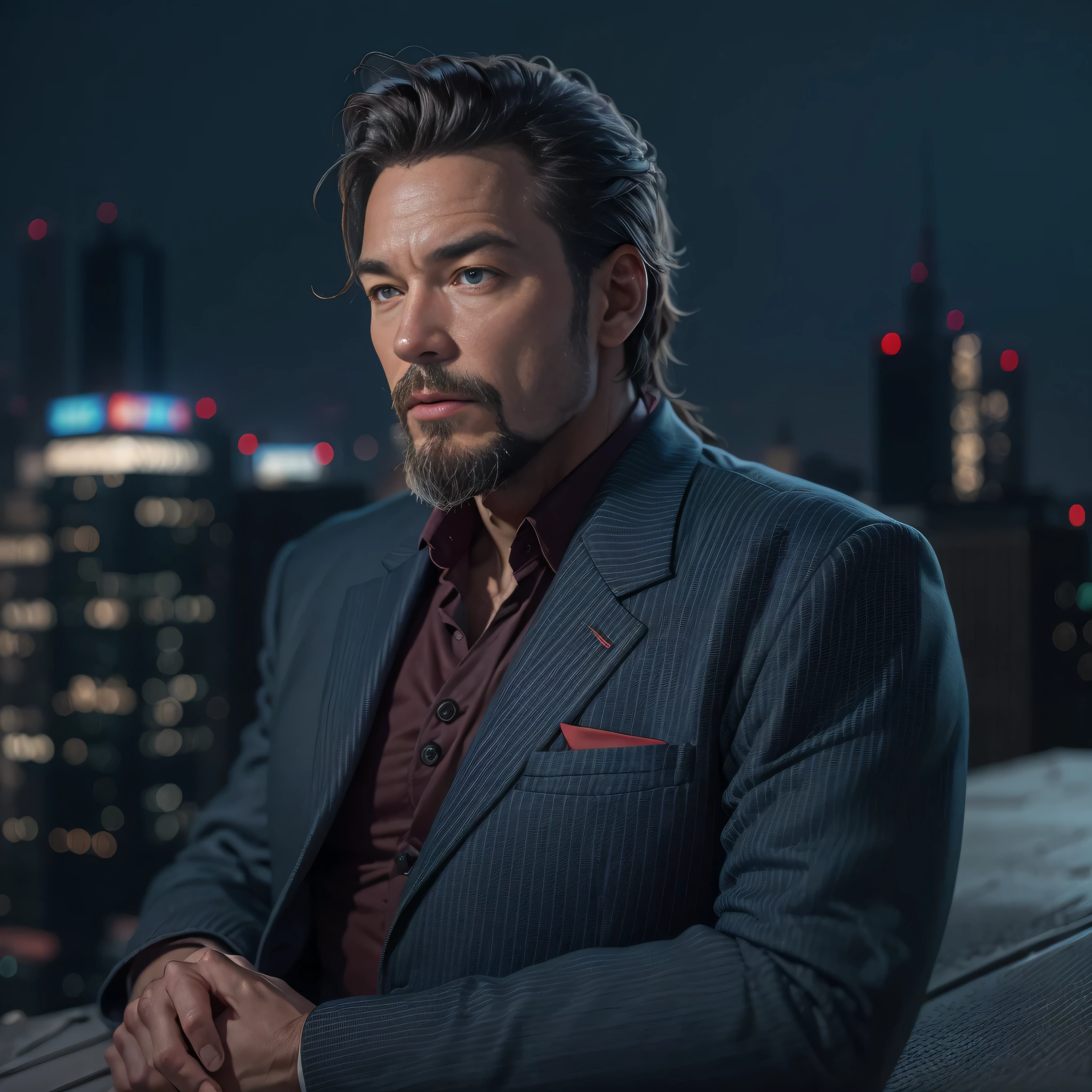 ((ultra detailed, masterpiece, best quality)) Jonathan Frakes, 35yr. old, 1boy, solo, ponytail hair, goatee, On a sophisticated city rooftop, dressed in a sharp blazer, with the skyline as the backdrop, at night, photo-realistic, octane render, unreal engine, ultra-realistic