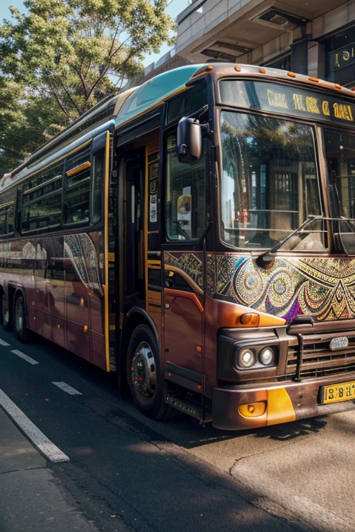 A grand, realistic bus emerges from the crowd, taking center stage during a long journey. Its vibrant colors and distinct features catch the eye, making it a standout among other vehicles on the road. With an impressive 8k resolution, every detail is clearly captured in the photograph, from the bus's shiny exterior to the intricate designs adorning its sides.