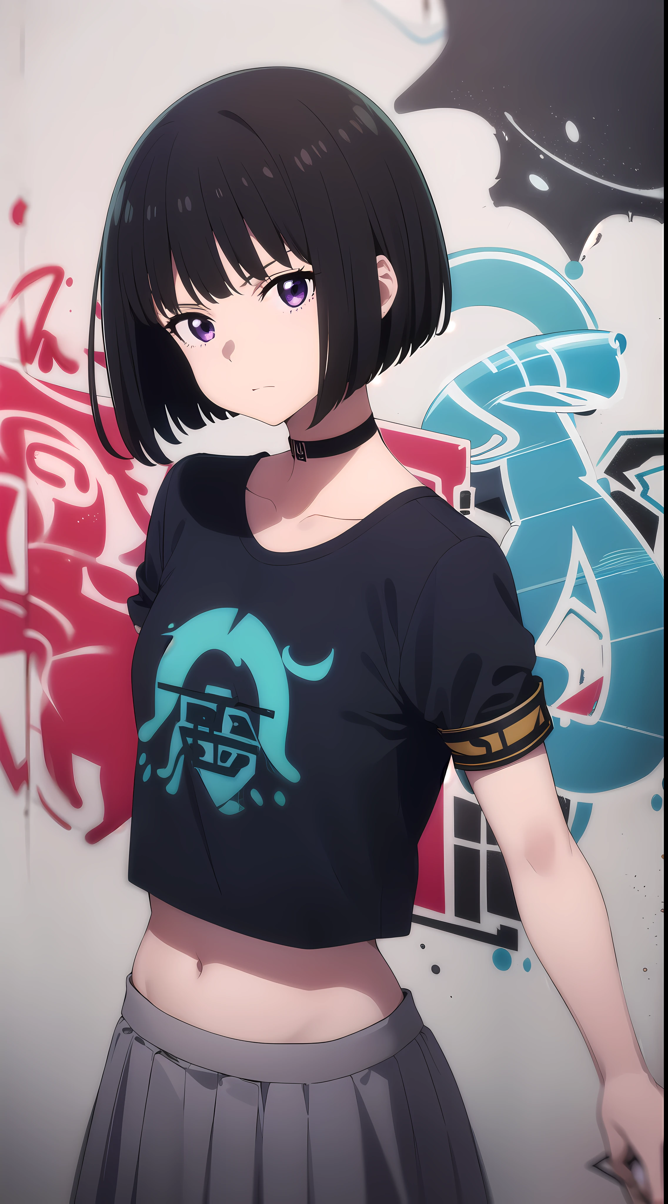 masterpiece, best quality, 1girl, solo, stylish crop top, vibrant black hair, bobhair, short-hair, short bob hair, (((bobcut))), ((haircut:1.3)), undercut, bobbed hair, minibob, sidecut, buzz haircut, sidecut, side of head shaved, purple eyes, graduation bob, straight short hair, short hair above the ears, Shot diagonally from the side, elegant braid, soft bangs, upper body, alluring choker, (graffiti:1.5), artistic paint splatter, seductive arms behind back, leaning against wall, exposed back, fashionable armband, urban hiphop style, flirty skirt, playful head tilt, intense expression, warm orange, dynamic asymmetrical design, bold geometric shapes, creative street art