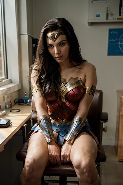Wonder Woman, sitting in a chair, upskirt, she is in a laboratory, it is daytime, closeup
