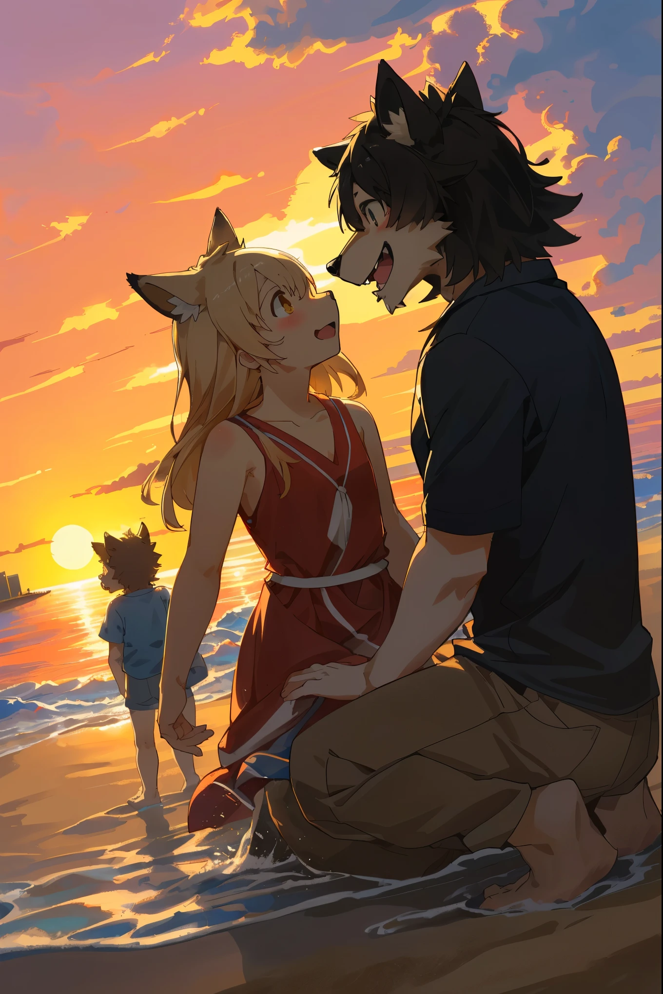 cover page, anime key visual, highres, top quality, best quality, paid reward available, High-quality illustrations, unparalleled masterpiece, perfect artwork, absurdres(family watching sunrise at the beach)((kemono werewolf family with two parents of diverse descents and a child)perfect anatomy, mesmerized by the sunrise, playing with sand and building a sandcastle, serene beach with gentle waves, sky with vibrant colors of dawn, family’s expressions of awe and happiness, moment of peace and togetherness, fan-created work shared on platforms Pixiv or , cinematic lighting, dynamic angle,