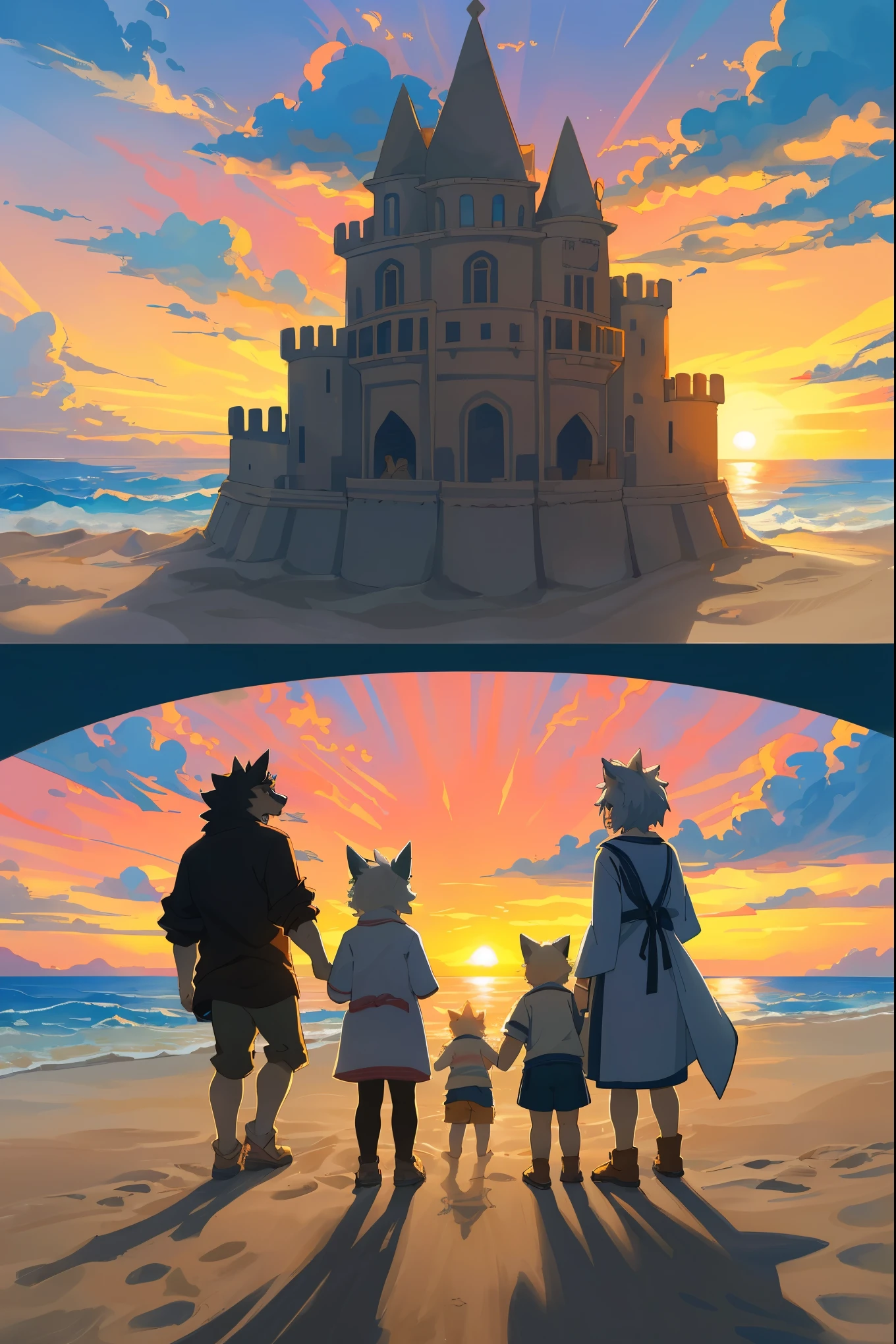 cover page, anime key visual, highres, top quality, best quality, paid reward available, High-quality illustrations, unparalleled masterpiece, perfect artwork, absurdres(family watching sunrise at the beach)((kemono werewolf family with two parents of diverse descents and a child)perfect anatomy, mesmerized by the sunrise, playing with sand and building a sandcastle, serene beach with gentle waves, sky with vibrant colors of dawn, family’s expressions of awe and happiness, moment of peace and togetherness, fan-created work shared on platforms Pixiv or Twitter, cinematic lighting, dynamic angle,