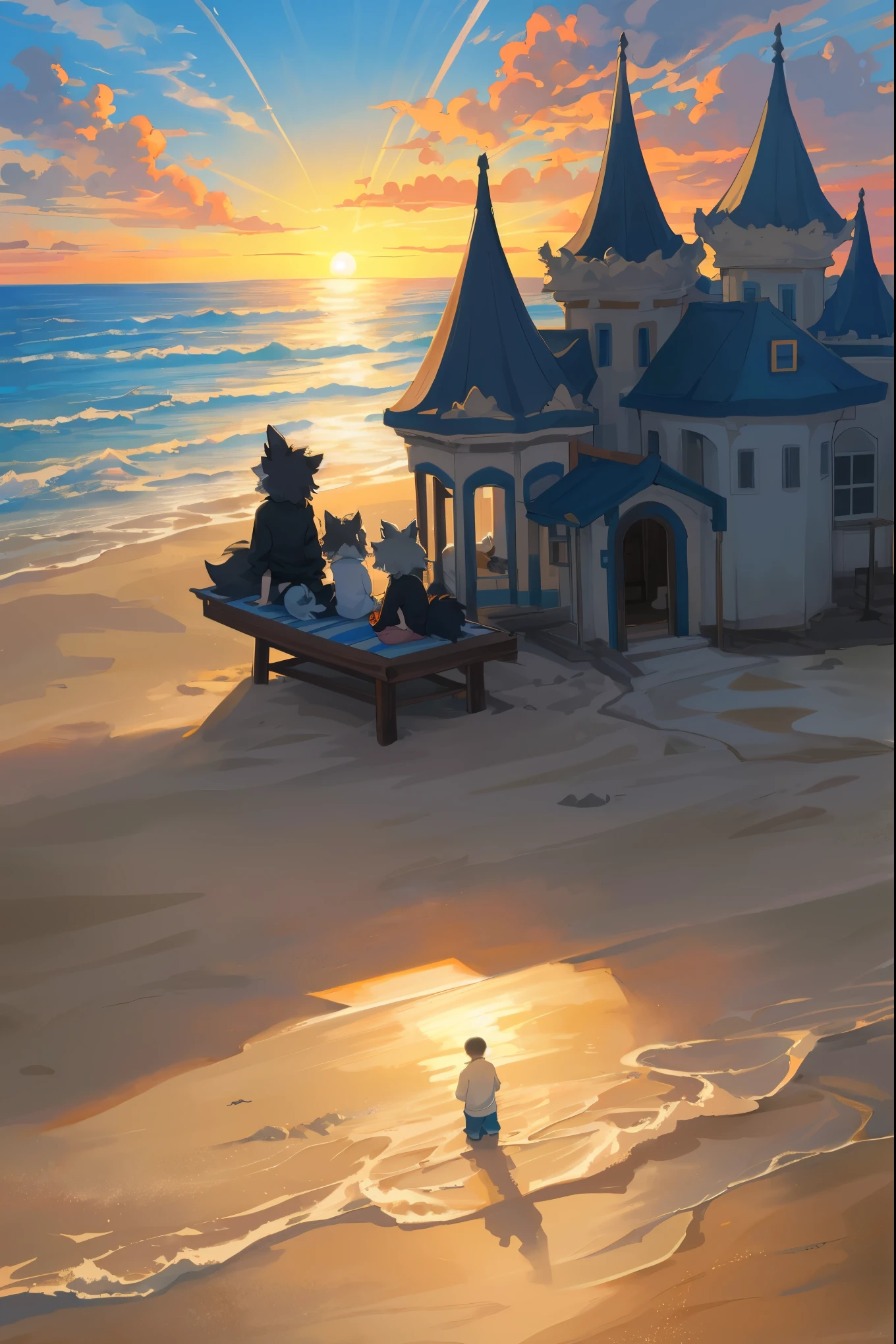 cover page, anime key visual, highres, top quality, best quality, paid reward available, High-quality illustrations, unparalleled masterpiece, perfect artwork, absurdres(family watching sunrise at the beach)((kemono werewolf family with two parents of diverse descents and a child)perfect anatomy, mesmerized by the sunrise,  playing with sand and building a sandcastle, serene beach with gentle waves, sky with vibrant colors of dawn, family’s expressions of awe and happiness, moment of peace and togetherness, fan-created work shared on platforms Pixiv or Twitter, cinematic lighting, dynamic angle,