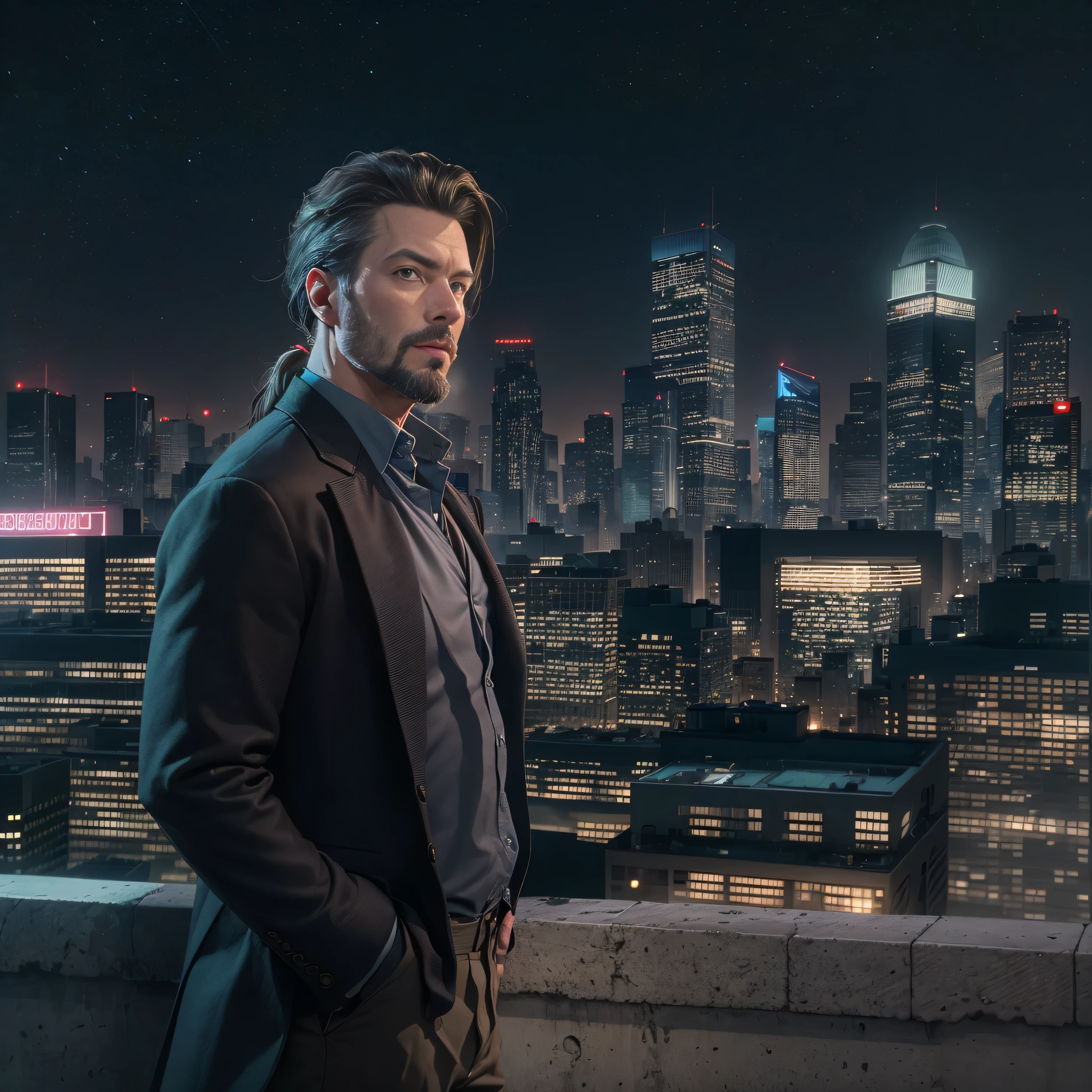 ((ultra detailed, masterpiece, best quality)) Jonathan Frakes, 35yr. old, 1boy, solo, ponytail hair, goatee, On a sophisticated city rooftop, dressed in a sharp blazer, with the skyline as the backdrop, at night, photo-realistic, octane render, unreal engine, ultra-realistic