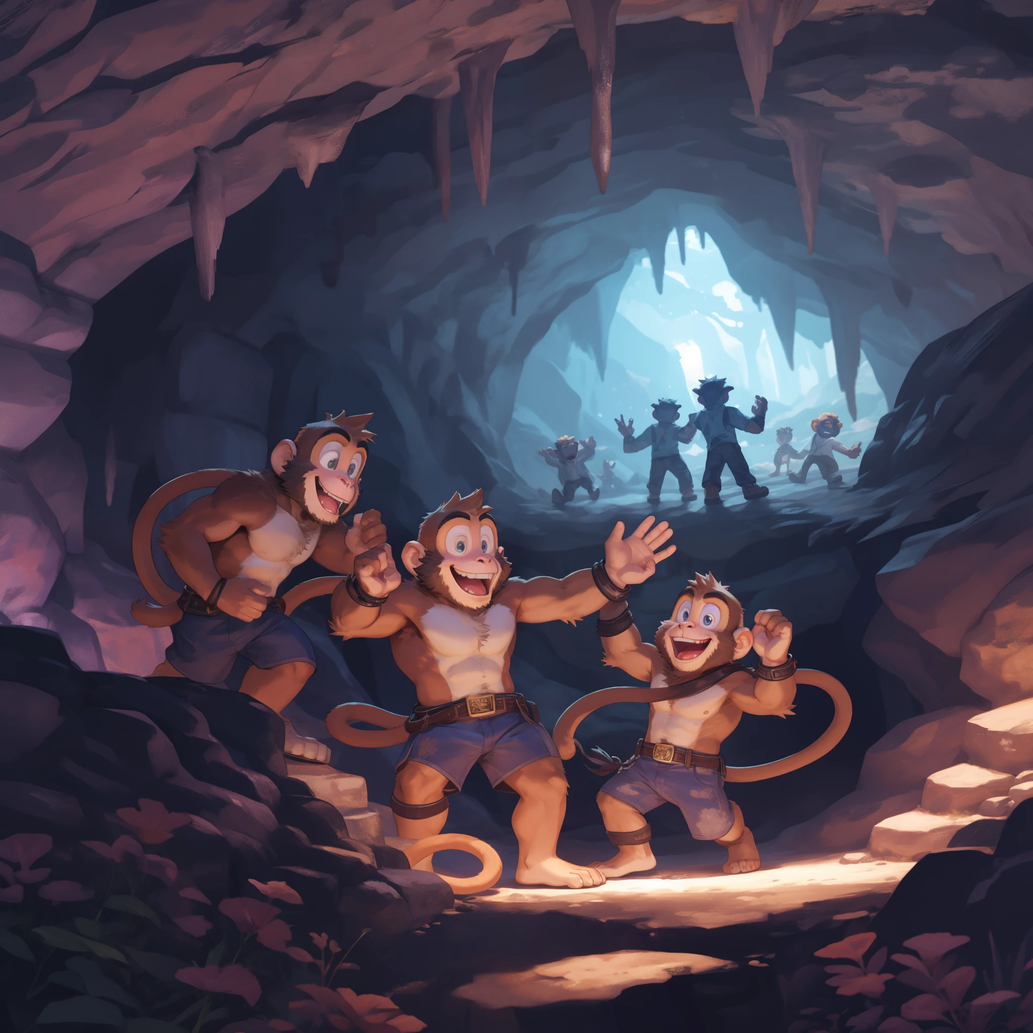 In the heart of a mystical cave, four playful and expressive monkeys are seen engaged in a joyful and mischievous scene. Their furry coats, bright with vibrant colors, gleam in the dappled sunlight filtering through the tree branches above. The monkeys are laughing and running around, their wide-mouthed laughter echoing off the cave walls. The shadows cast by their bodies dance and twist with the bouncy and acrobatic movements that they make.
The cave's atmosphere is dark yet alive with the excitement of the monkeys' antics. Stalactites and stalagmites jut out from the walls, their sharp edges softened by