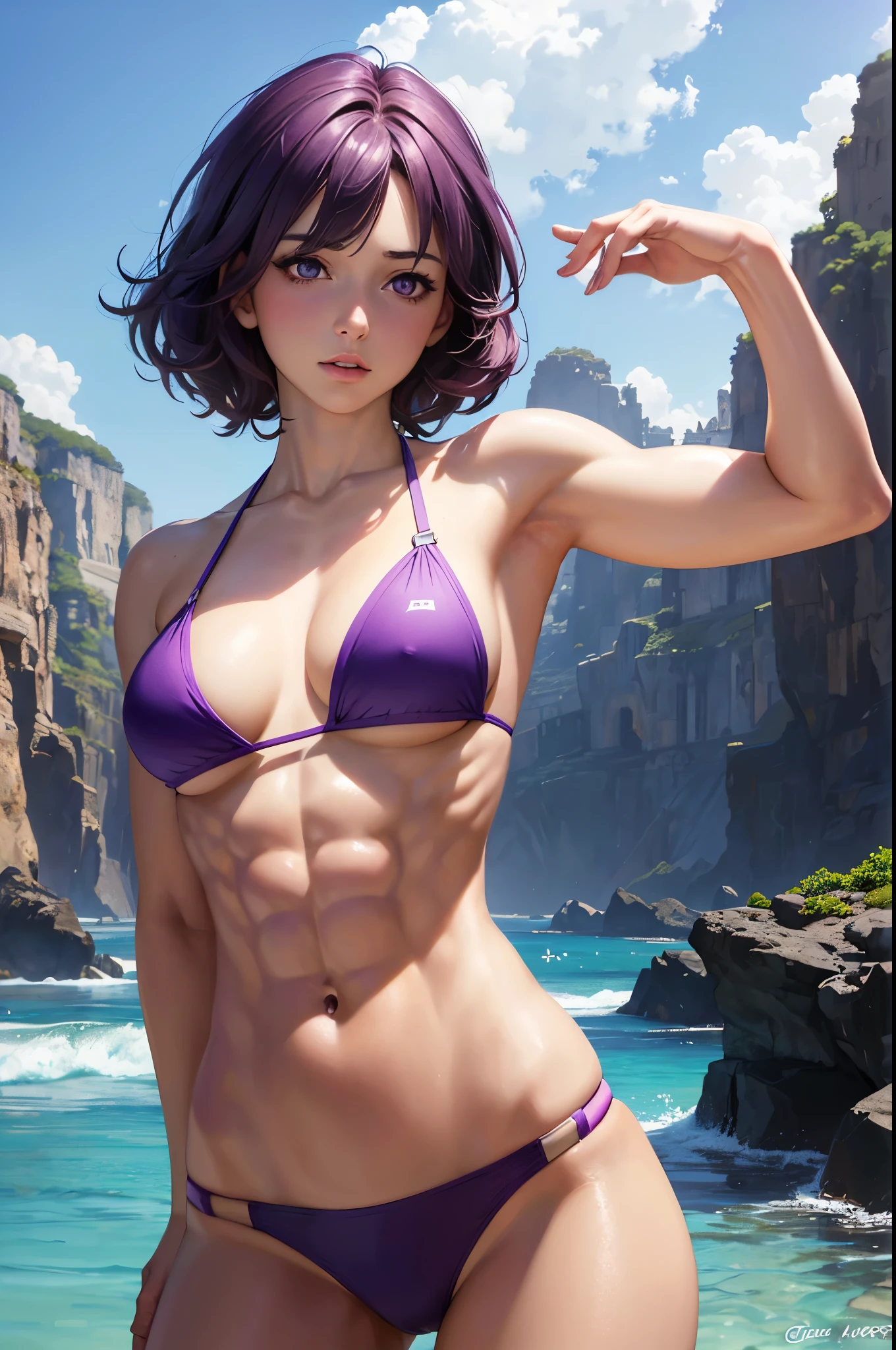 (realistic: 1.4), highest quality, very delicate and beautiful, High resolution, masterpiece, highest quality, 1girl, purple eyes, purple hair, medium breasts, (short Hair:1.3), (abs:1.2), (muscular:1.1), wavy hair, (bikini:1.3), beach, arm up