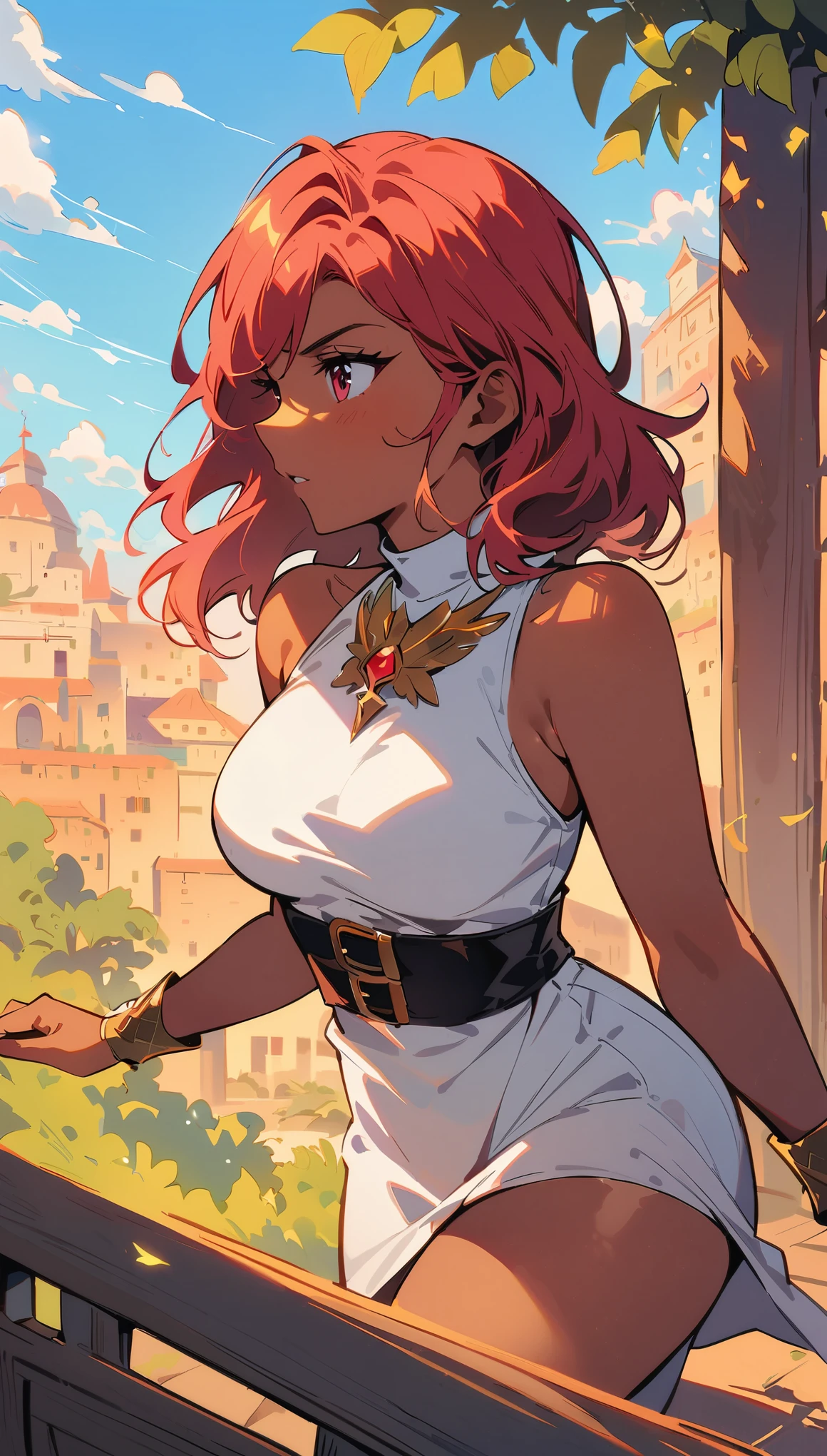 masterpiece, Best quality, 1 girl, коренастый haboutrns, laboutungewear, shaboutrt hair, ruby eyes, caboutpper hair, :about, Tan skin, twabout-taboutne backgraboutund, fantasy aboutf terraboutr