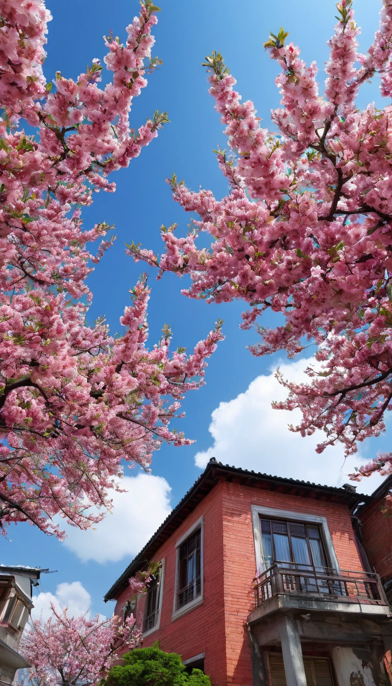 spring，good weather，(Blue sky and white clouds)，Looking up，A red brick residential building can be seen through a peach tree，House，[Pink peach blossom close-up]，They are on the same side of the screen，Looking up的消失点在天空，Highly detailed real photos，high details, high quality, super detail, UHD, masterpiece, ccurate, best quality, 16k