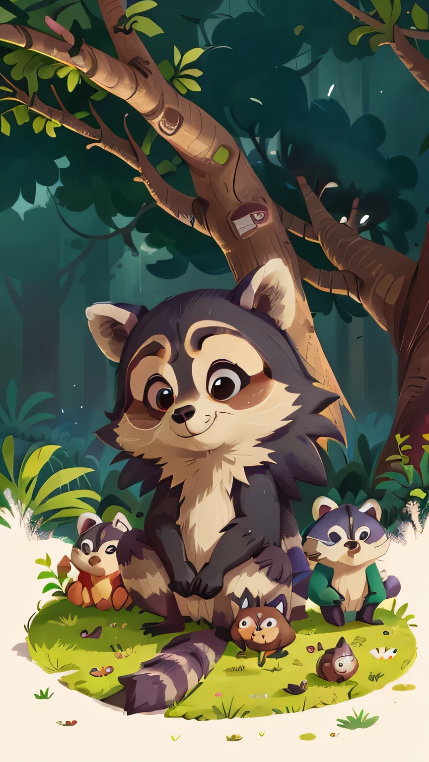 A raccoon on four legs, beautiful animal, real life raccoon resemblance, cartoon illustration for children's story book, detailed facial features, full body, big eyes, 4k resolution, real life raccoon like, black and white, sitting like a raccoon
