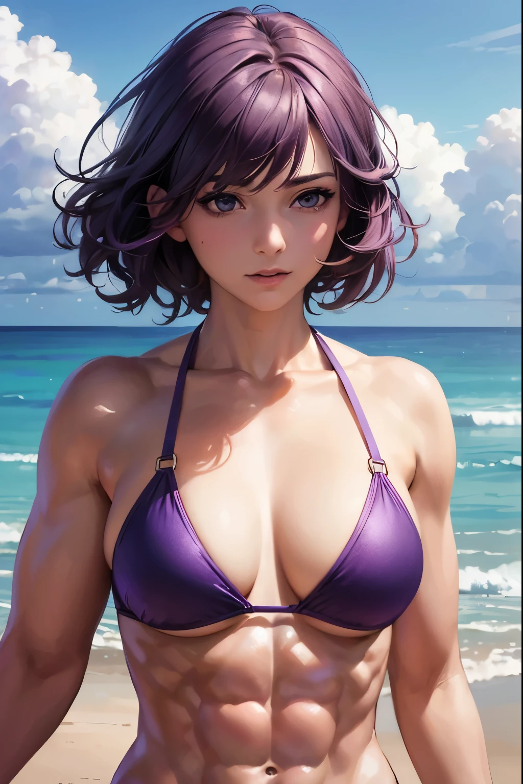 (realistic: 1.4), highest quality, very delicate and beautiful, High resolution, masterpiece, highest quality, 1girl, purple eyes, purple hair, medium breasts, (short Hair:1.3), (abs:1.2), (muscular:1.6), wavy hair, (bikini:1.3), beach