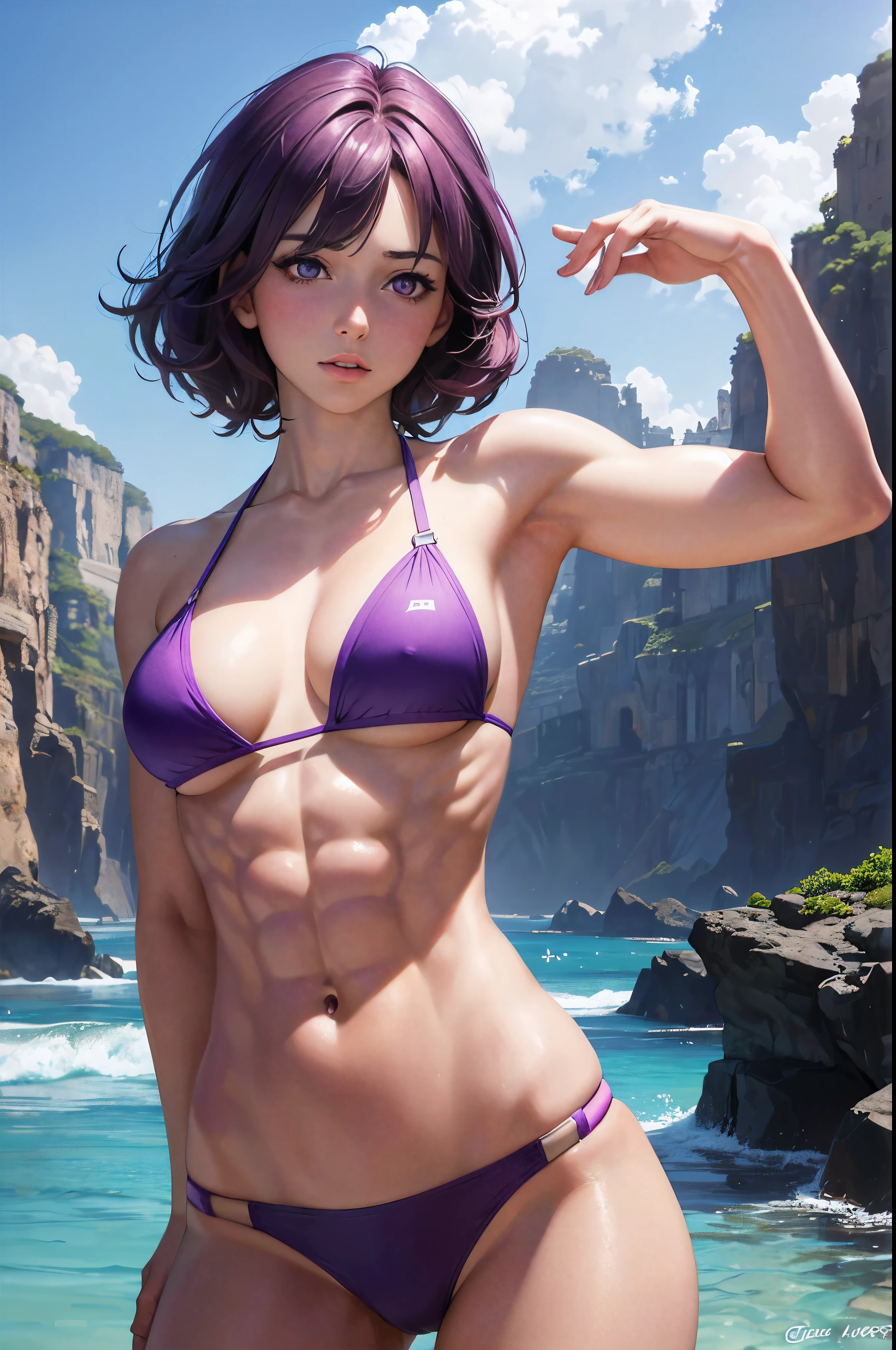 (realistic: 1.4), highest quality, very delicate and beautiful, High resolution, masterpiece, highest quality, 1girl, purple eyes, purple hair, medium breasts, (short Hair:1.3), (abs:1.2), (muscular:1.1), wavy hair, (bikini:1.3), beach, arm up