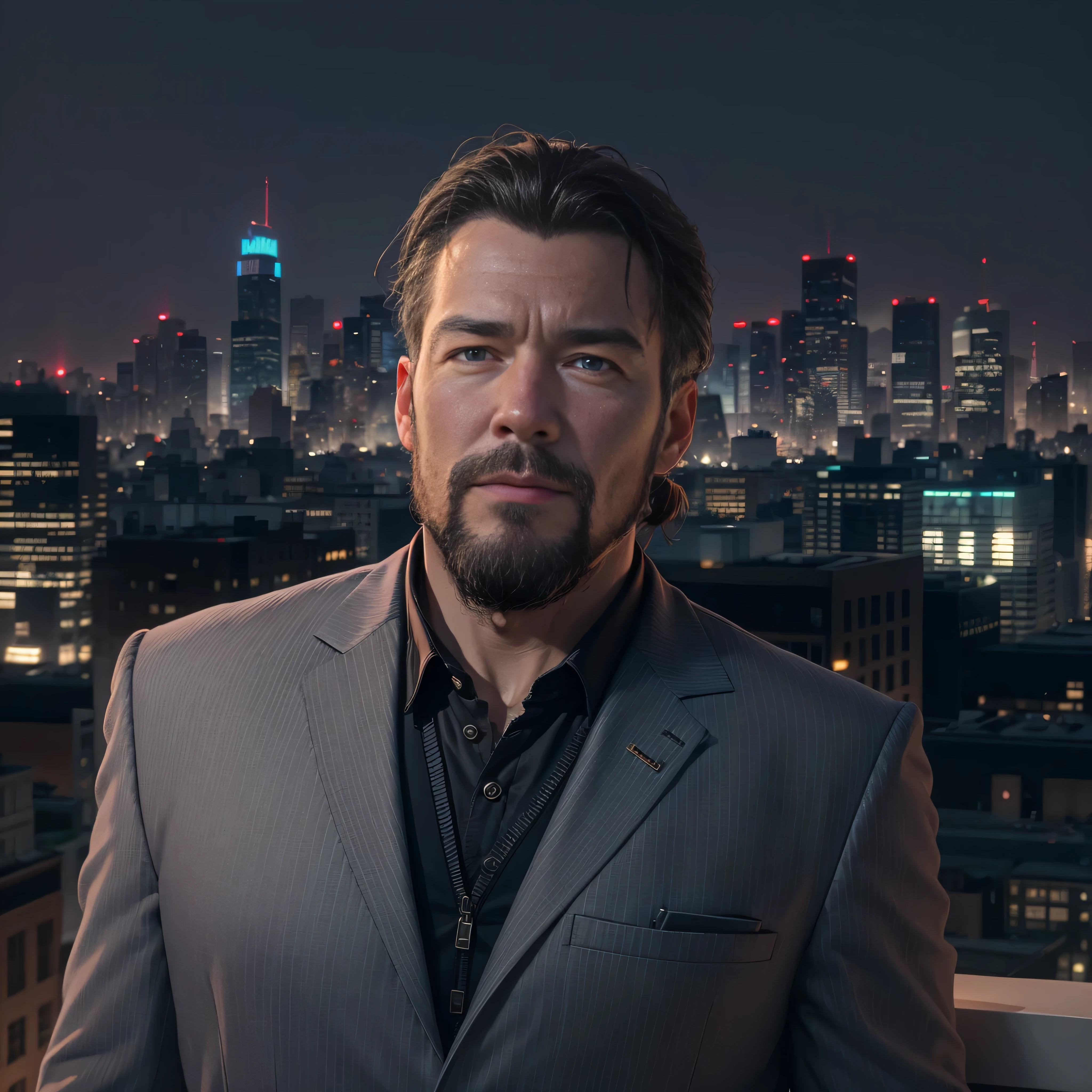 ((ultra detailed, masterpiece, best quality)) Jonathan Frakes, 35yr. old, 1boy, solo, ponytail hair, goatee, On a sophisticated city rooftop, dressed in a sharp blazer, with the skyline as the backdrop, at night, photo-realistic, octane render, unreal engine, ultra-realistic