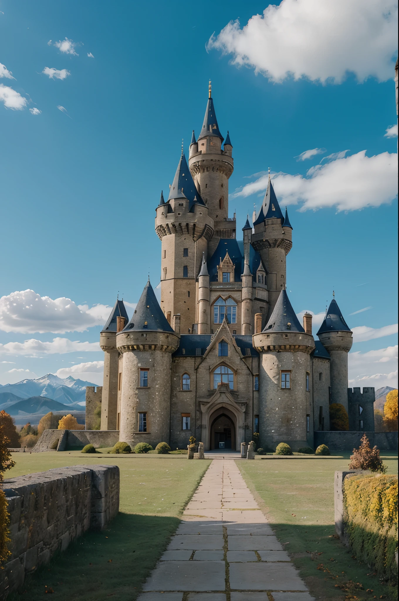 (huge autumn castle:1), Medieval kingdom, distant castles, distant mountains, clear sky, forests, mountains, masterpiece, empty blue sky, cloudless, (panorama:0.7),
