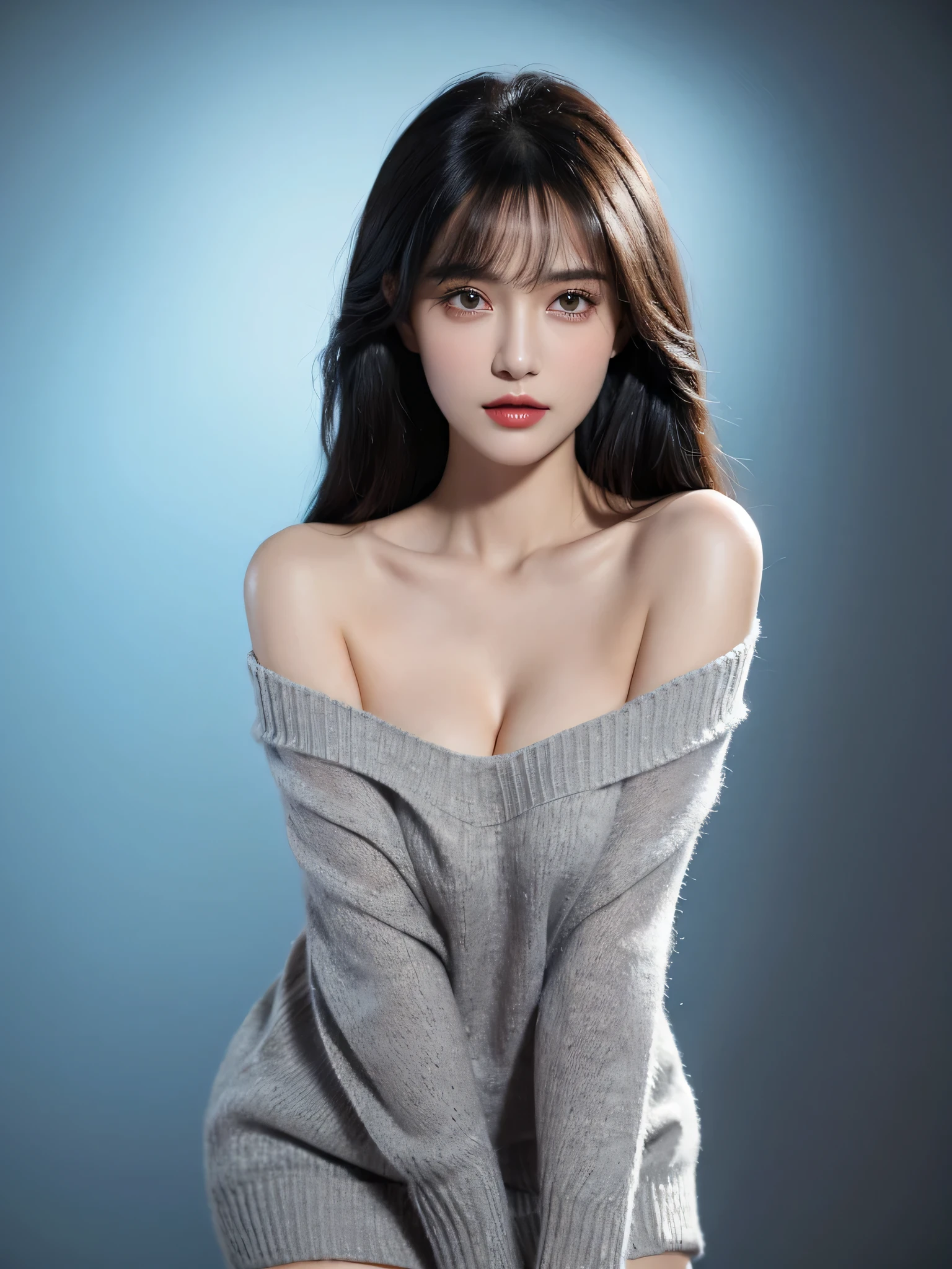 （lifelike,high resolution：1.3）， A slim girl， The face shape and eyes are super delicate,black hair,red glossy lips,(beautiful face), (best quality), (Super detailed), (Extremely detailed CG unified 8k wallpaper),((Tight off-shoulder sweater)),(cyan background),(cleavage),(Model photo),big eyes,(standing),(air bangs),(Slim waistline)，Eyes look at the audience,Teardrop-shaped breasts,soft breasts,very realistic breasts,Character centered,black hair